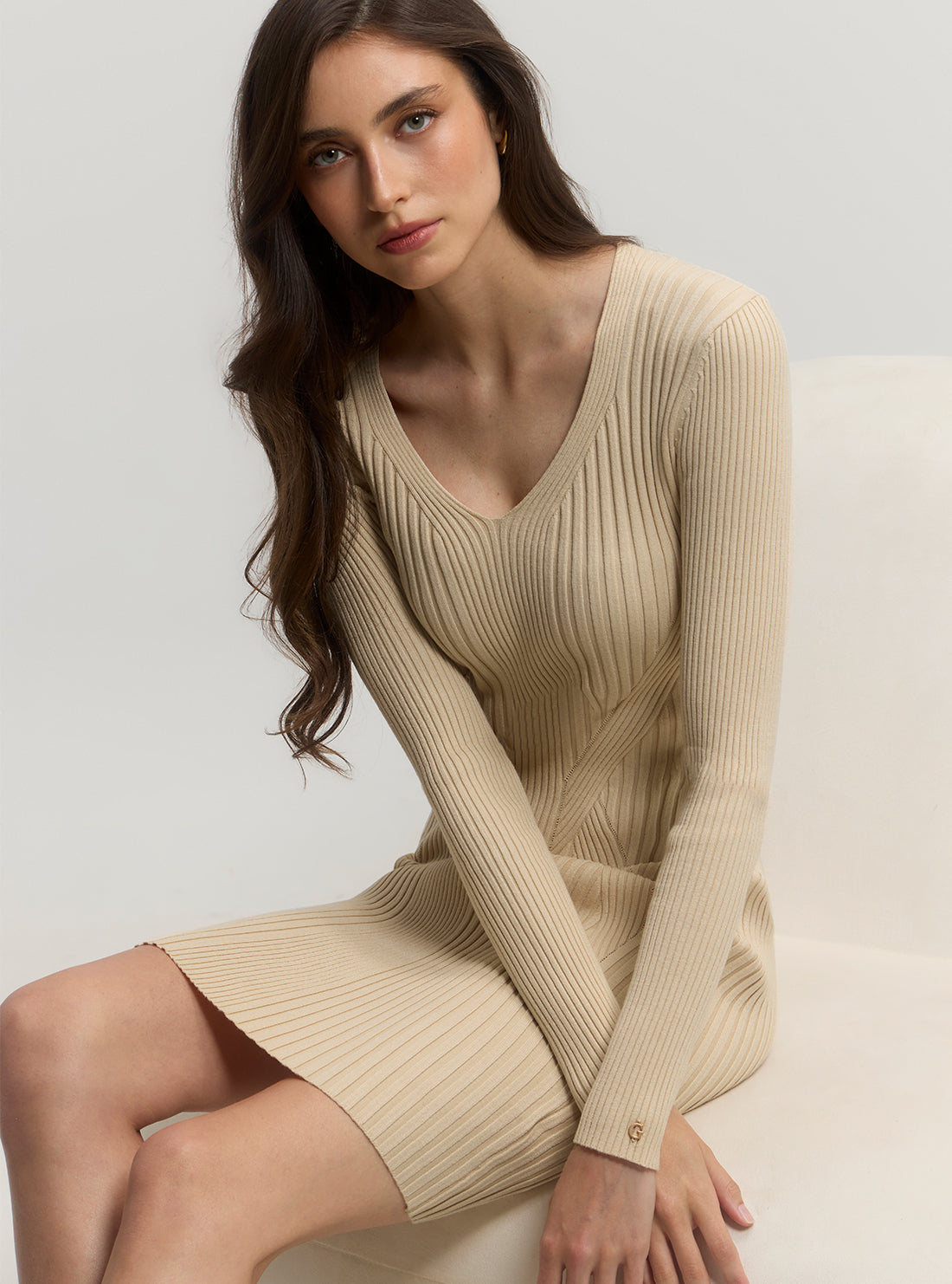 Beige Isabella Knit Midi Dress for Women - Soft Stretchy Comfortable Casual Summer Dress - Perfect for Brunch, Date Night & Beach Vacations