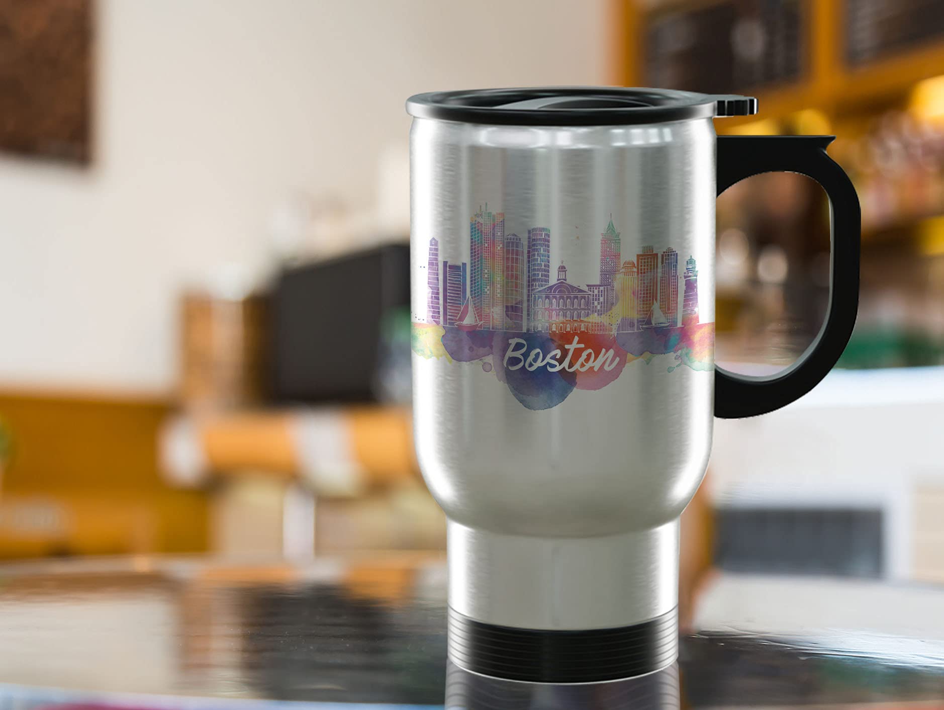 TJ Originals - Boston Massachusetts Stainless Steel Travel Mug 14oz, Insulated Coffee Tumbler with Handle & Skyline Design, Perfect Souvenir Gift for Tourists & Locals - Ideal for Commuting, Travel, Office & Outdoor Adventures