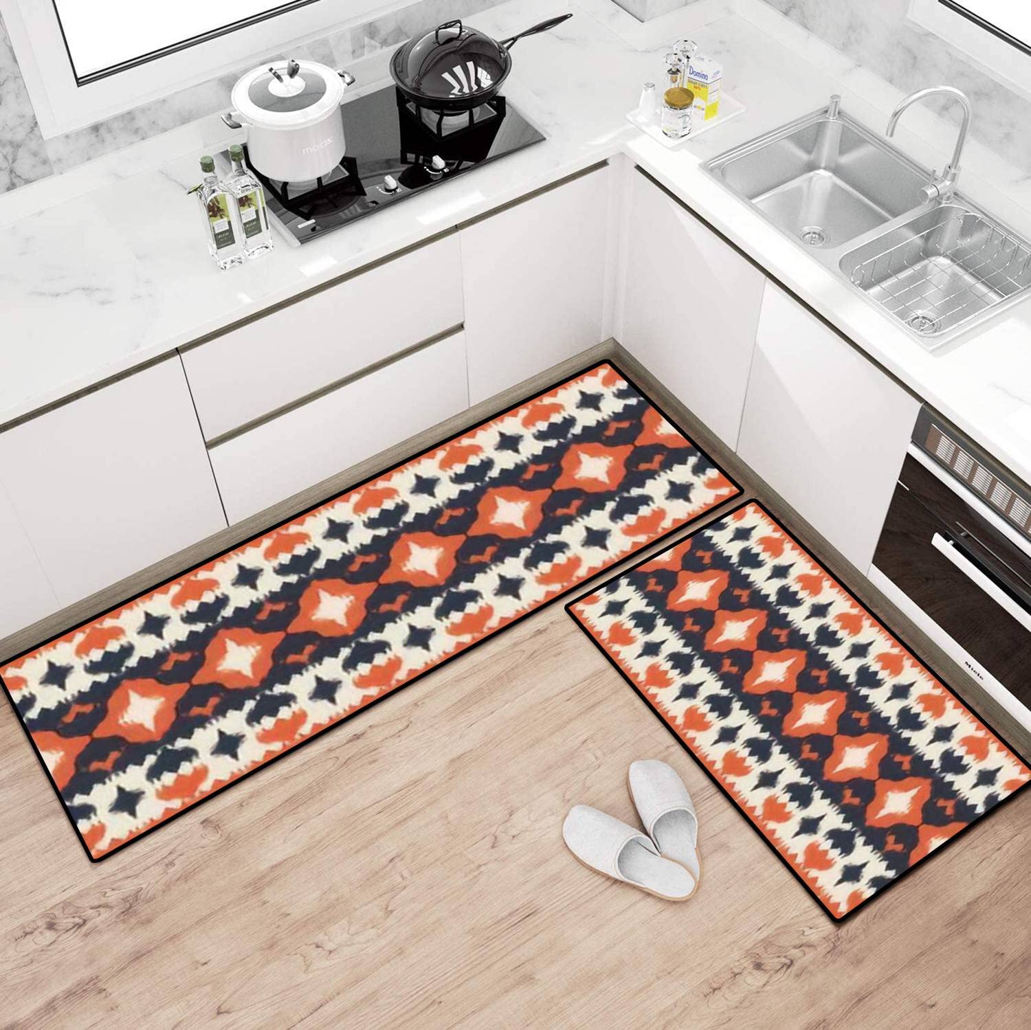 Non-Slip Washable Kitchen Rugs Set - Ethnic Abstract Ikat Design with Tribal Folk Embroidery, Anti-Fatigue Floor Mat for Comfortable Standing - Perfect for Kitchen Runner, Doormat, Bath Rug & Home Decor