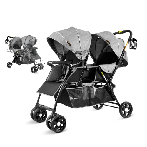Besrey Lightweight Double Stroller for Infant and Toddler (0-36 Months) - Compact Tandem Baby Stroller with Easy Fold, Rain Cover & XL Storage Basket - Perfect for Travel, Shopping & Outdoor Walks (Grey)