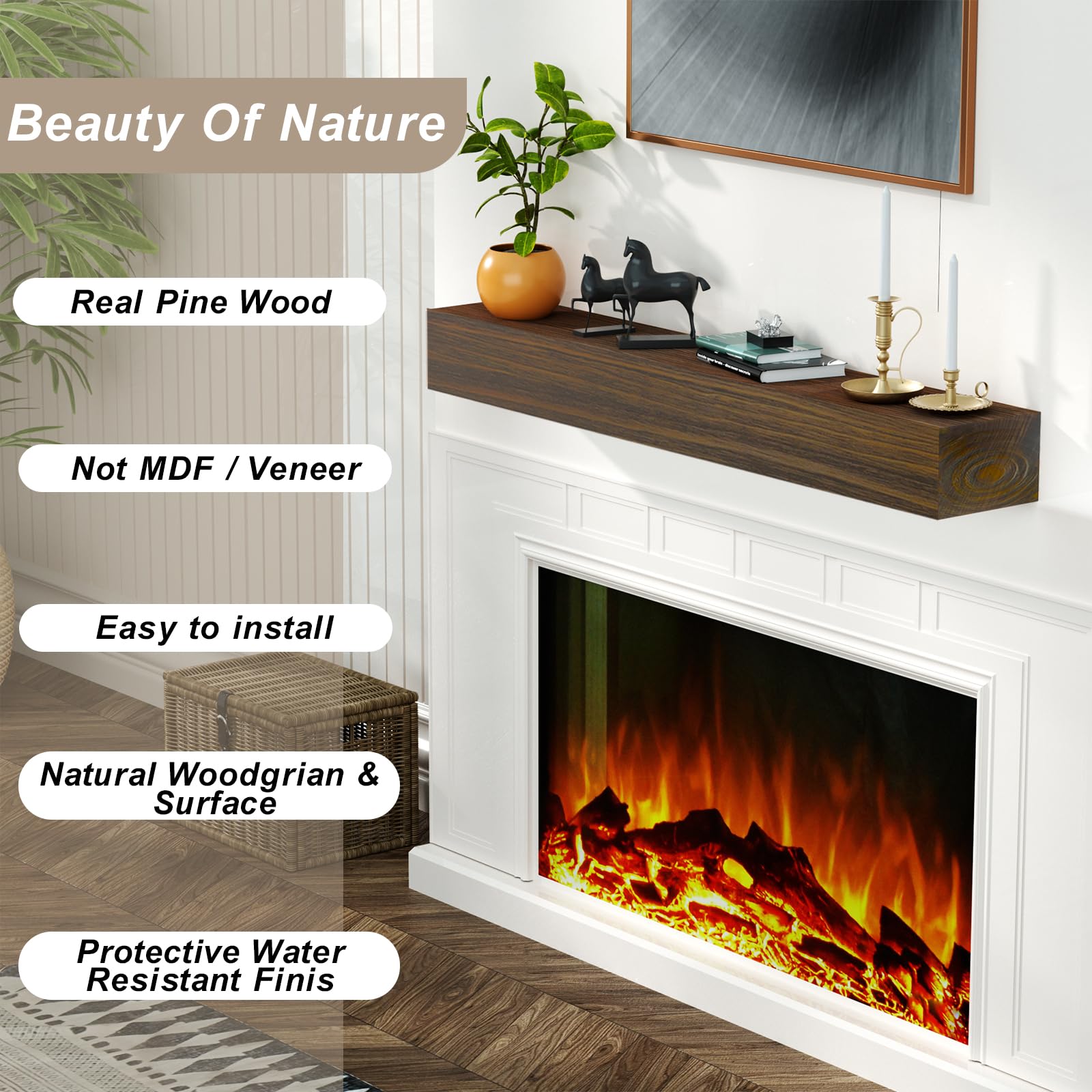 LOVMOR 60-Inch Floating Fireplace Mantel Shelf - Dark Chocolate Wood Wall Mount Mantel for Over Fireplace, 48