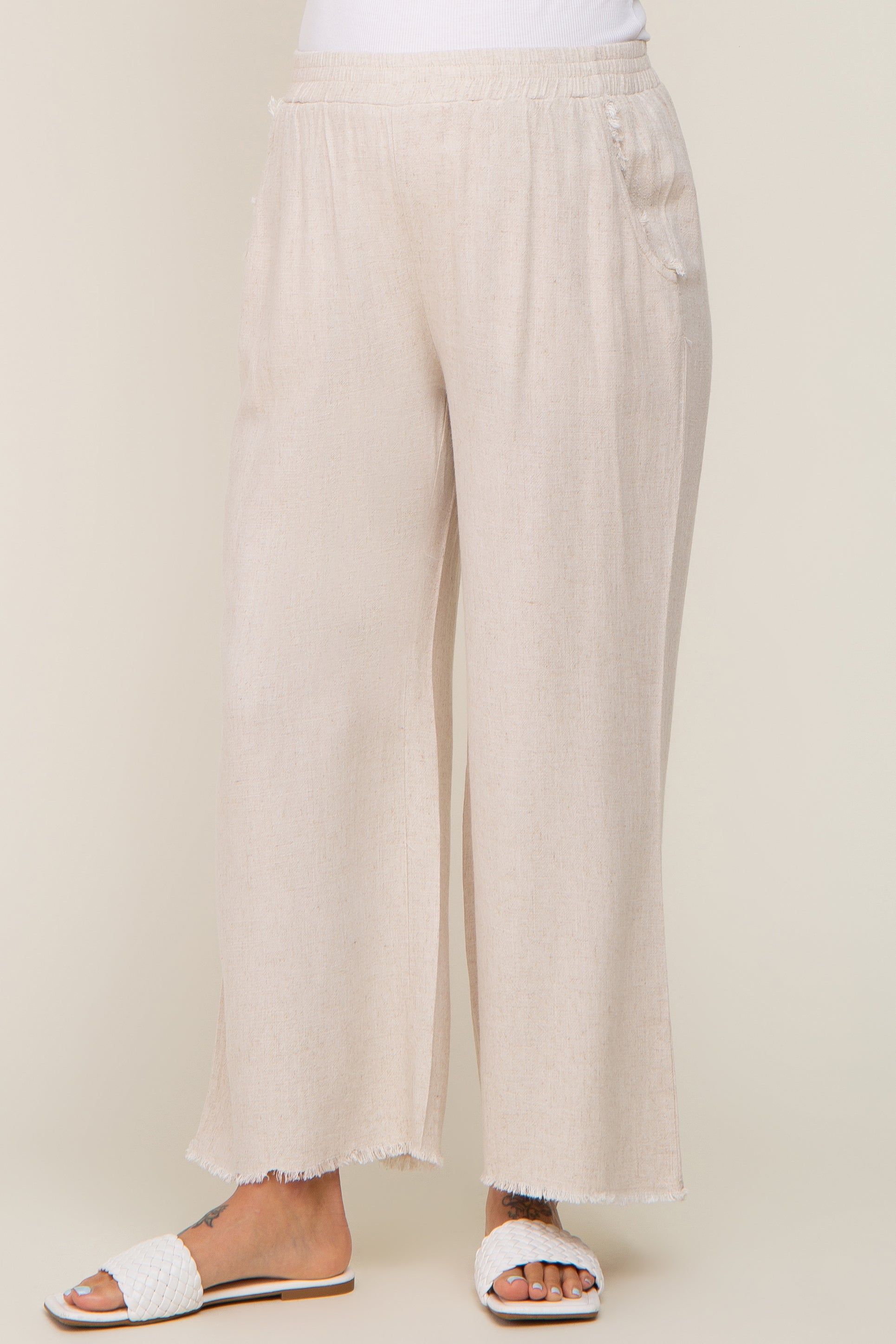 Beige Fringe Hem Linen Maternity Pants - Comfortable & Stylish Pregnancy Pants for Women | Perfect for Summer, Casual Wear & Maternity Photoshoots