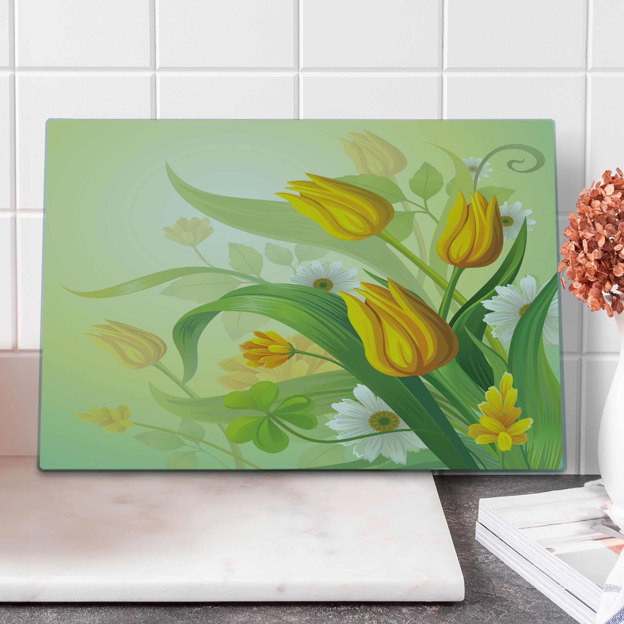 Lunarable Tulip Cutting Board - Tempered Glass Serving Tray with Fresh Spring Tulip & Chamomile Bouquet Design - Large Decorative Kitchen Board for Entertaining, Green & Yellow - Perfect for Cheese Platters, Charcuterie & Party Serving