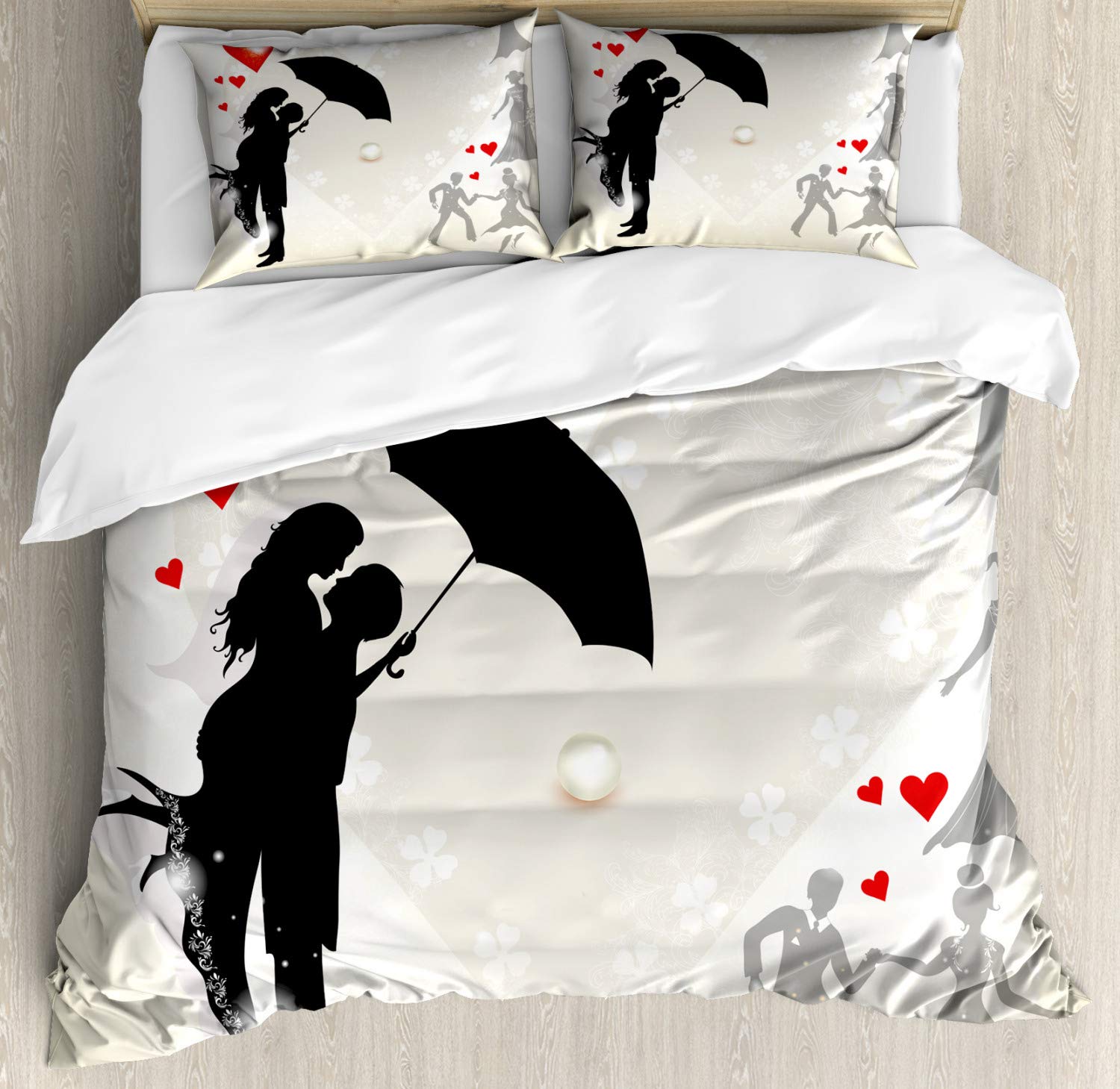 Ambesonne Romantic Wedding Duvet Cover Set - King Size 2-Piece with 4 Pillowcases, Red Heart & Daisy Print for Couples - Perfect for Anniversary Gifts, Honeymoon Bedding & Valentine's Day Decor