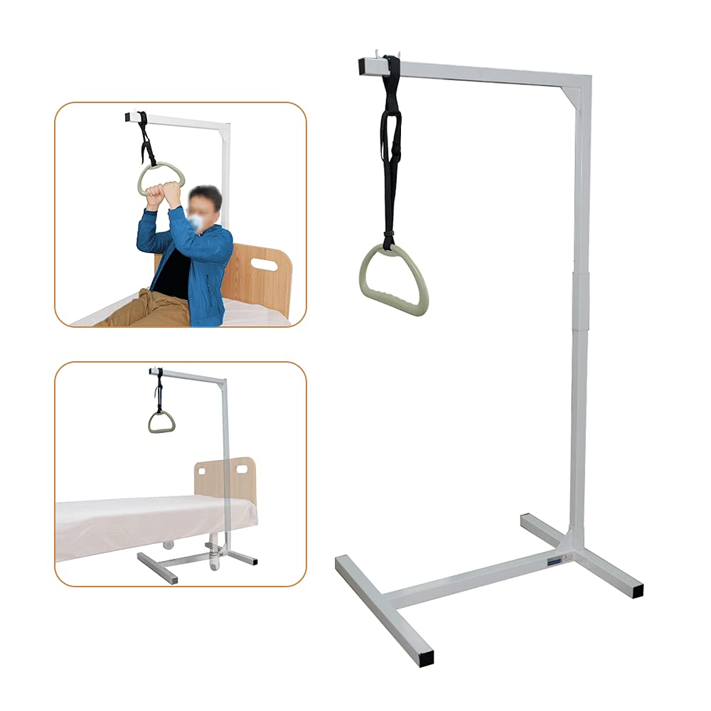 **Adjustable Bed Trapeze Bar - Elderly Mobility Aid, Hospital Bed Assist, Bariatric Patient Support - Heavy Duty Floor Stand for Safe Transfer & Pull Up - Ideal for Home Care & Rehabilitation (White)**    *Perfect for seniors, post-surgery recovery, and physical therapy to improve independence and safety.*