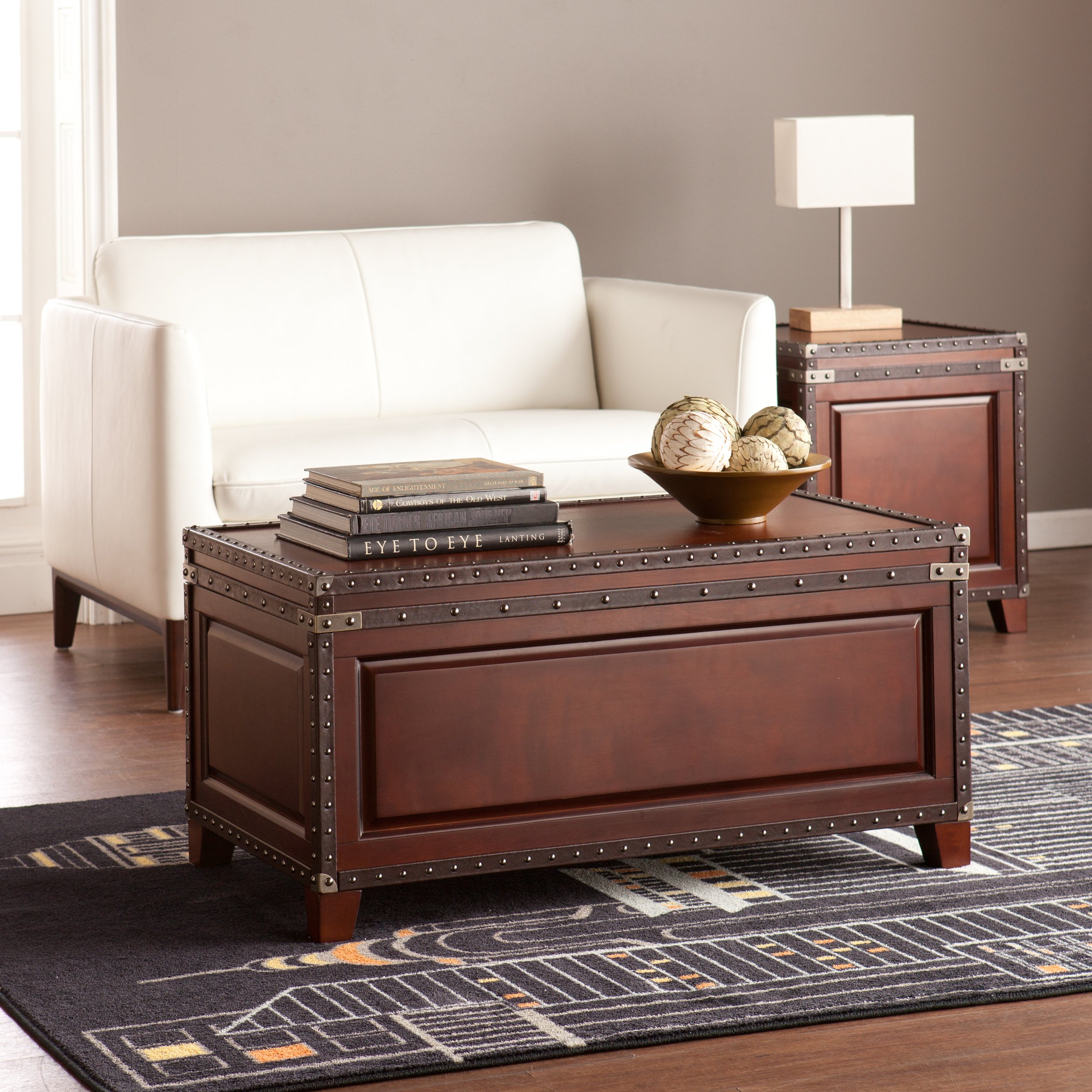 SEI Furniture Amherst Trunk Coffee Table - Faux Leather Upholstery with Nailhead Trim - Dark Cherry, Espresso & Antique Bronze Finish - Perfect for Living Room, Lounge & Home Decor