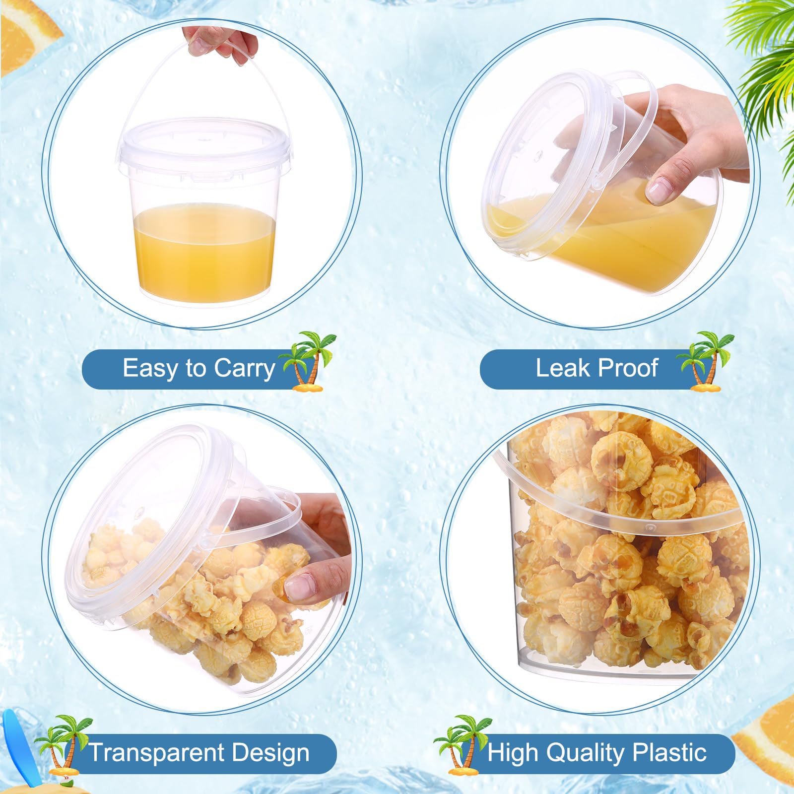 24-Piece Clear Plastic Ice Cream Buckets with Lids & Straws - Food Storage Containers for Cold Drinks, Desserts & Party Snacks - Perfect for Summer Beach Parties, Picnics & Outdoor Gatherings