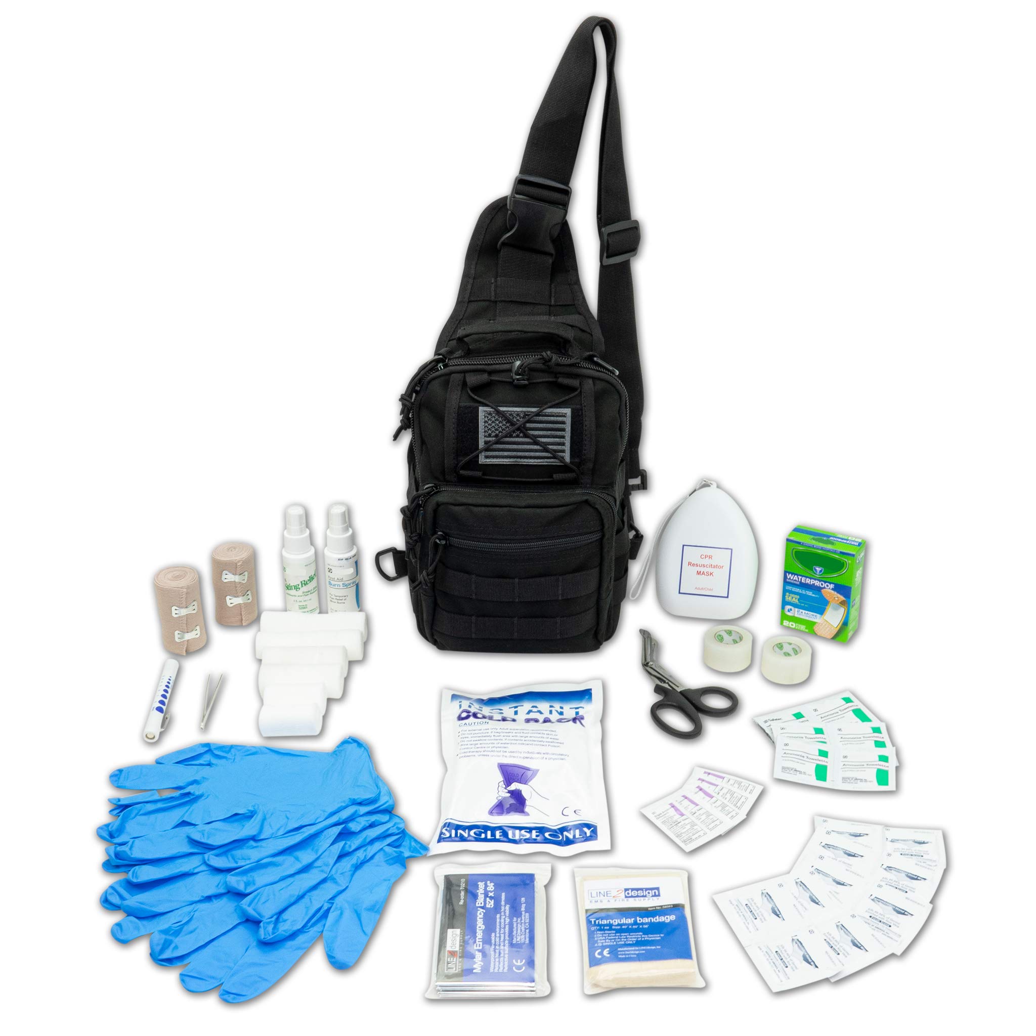 LINE2design Complete First Aid Sling Backpack Kit - Emergency Medical Supplies & EMS Equipment with Tactical MOLLE System - Heavy Duty Outdoor Rescue Gear for Camping, Hiking, Trekking - Ideal for First Responders & Outdoor Adventures - Black