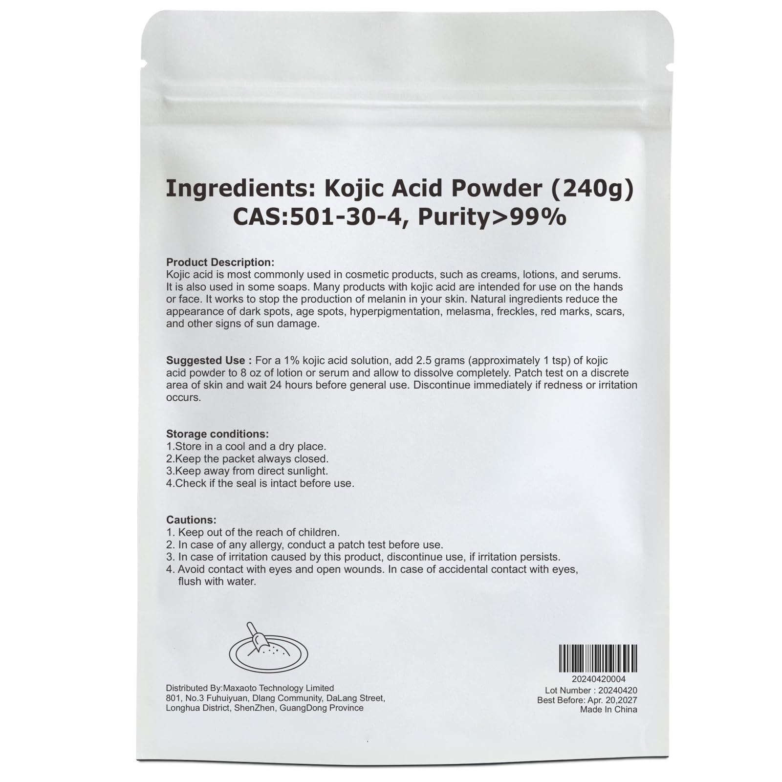 Pure Kojic Acid Powder 240g (8.47oz) - Natural Organic Skin Brightening Powder for DIY Skincare | Lightens Dark Spots | Fades Scars | Evens Skin Tone - Perfect for Homemade Lotions, Creams, Serums & Soaps - Safe for Face & Body Care