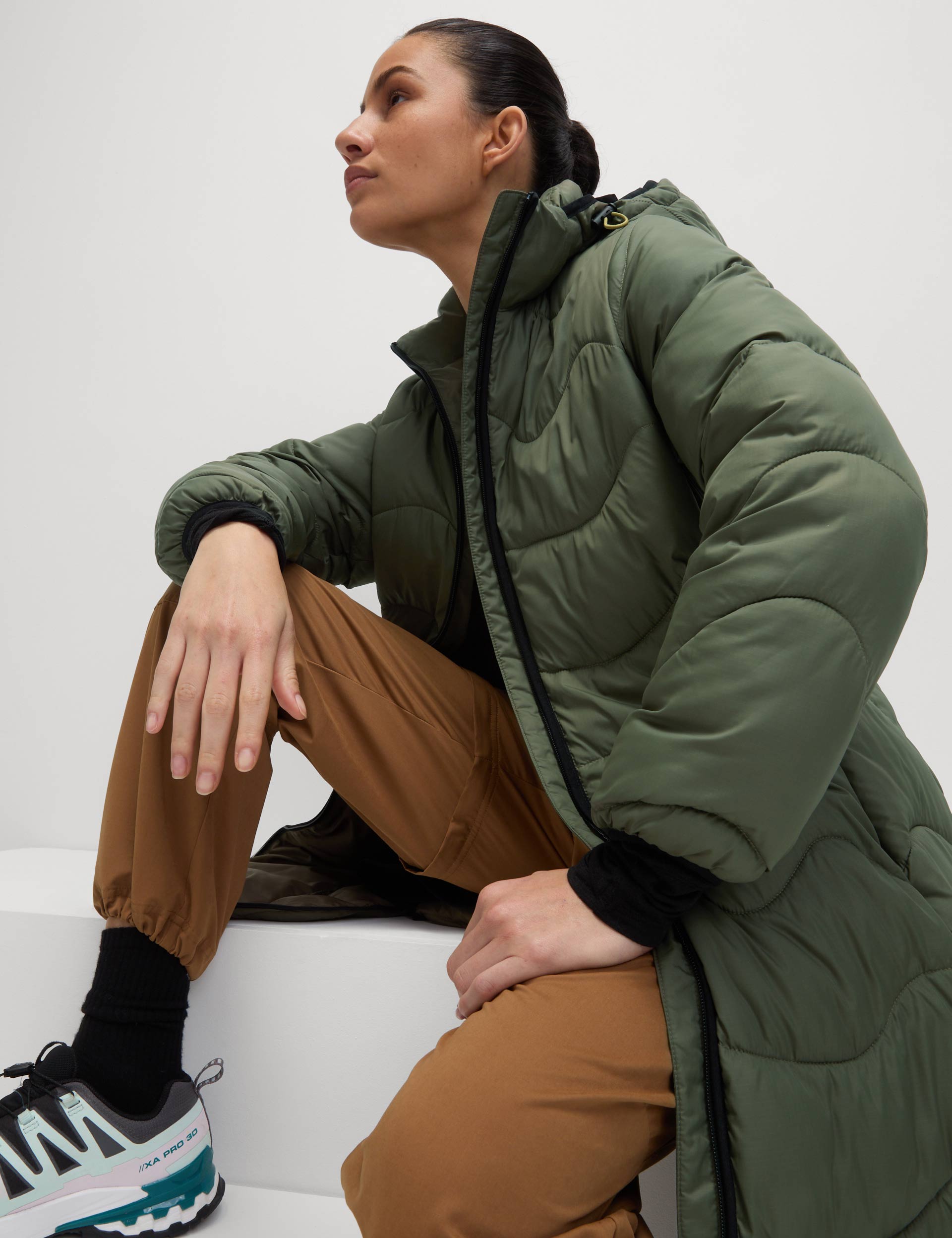 Stormwear Quilted Hooded Longline Puffer Coat for Women - Warm Winter Jacket, Waterproof Windbreaker, Dark Khaki - Perfect for Snowboarding, Skiing & Cold Weather Outdoor Activities