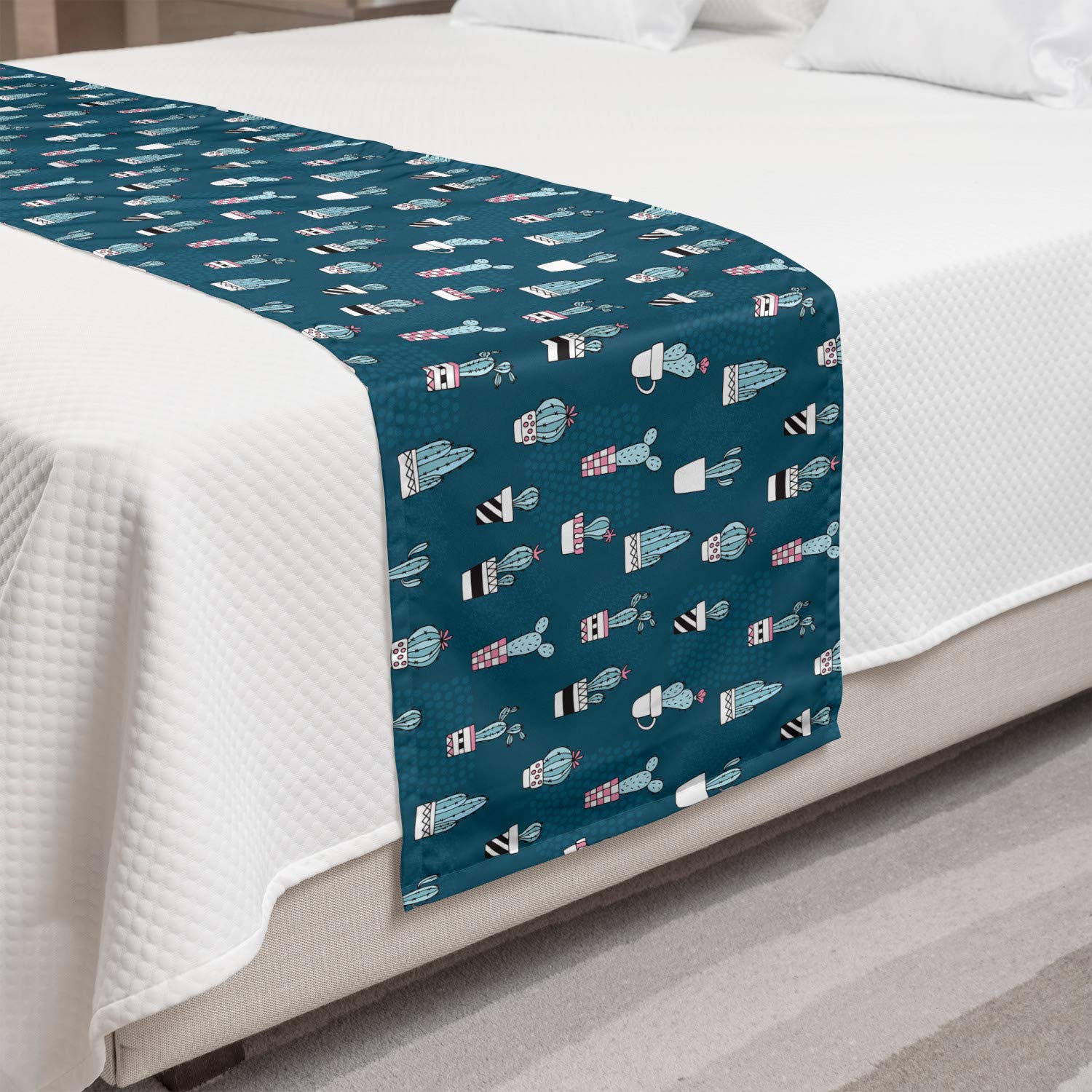 Ambesonne Cactus Bed Runner - Funny Succulent Plants in Pots Desert Theme Decorative Accent Bedding Scarf for Hotels, Homes & Guestrooms - Petrol Blue Multicolor - Perfect for Boho, Desert & Southwest Style Bedroom Decor