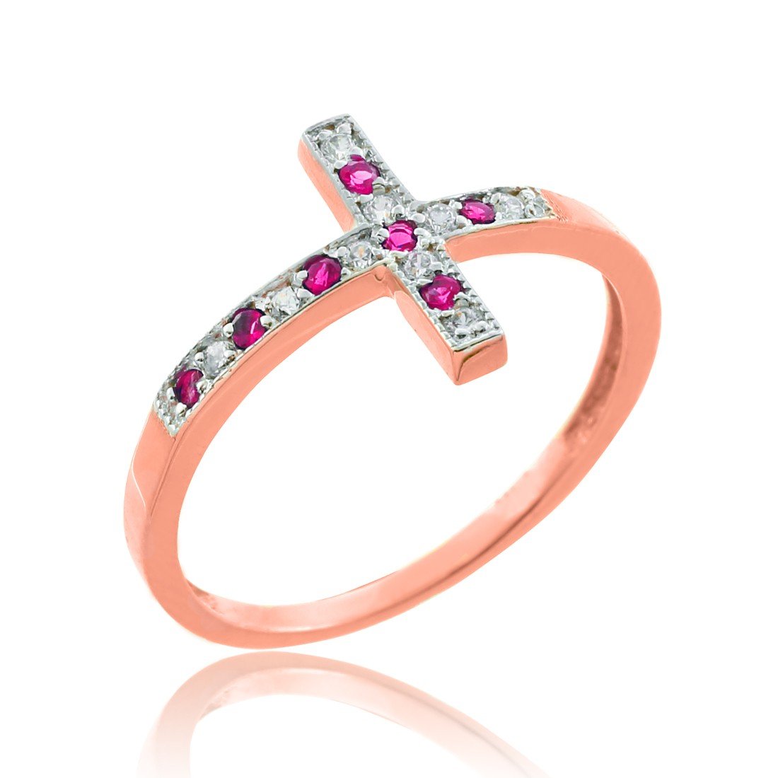 14k Rose Gold Sideways Cross Ring with Genuine Ruby & Diamond - Elegant Jewelry for Women, Perfect for Gifts, Weddings & Special Occasions
