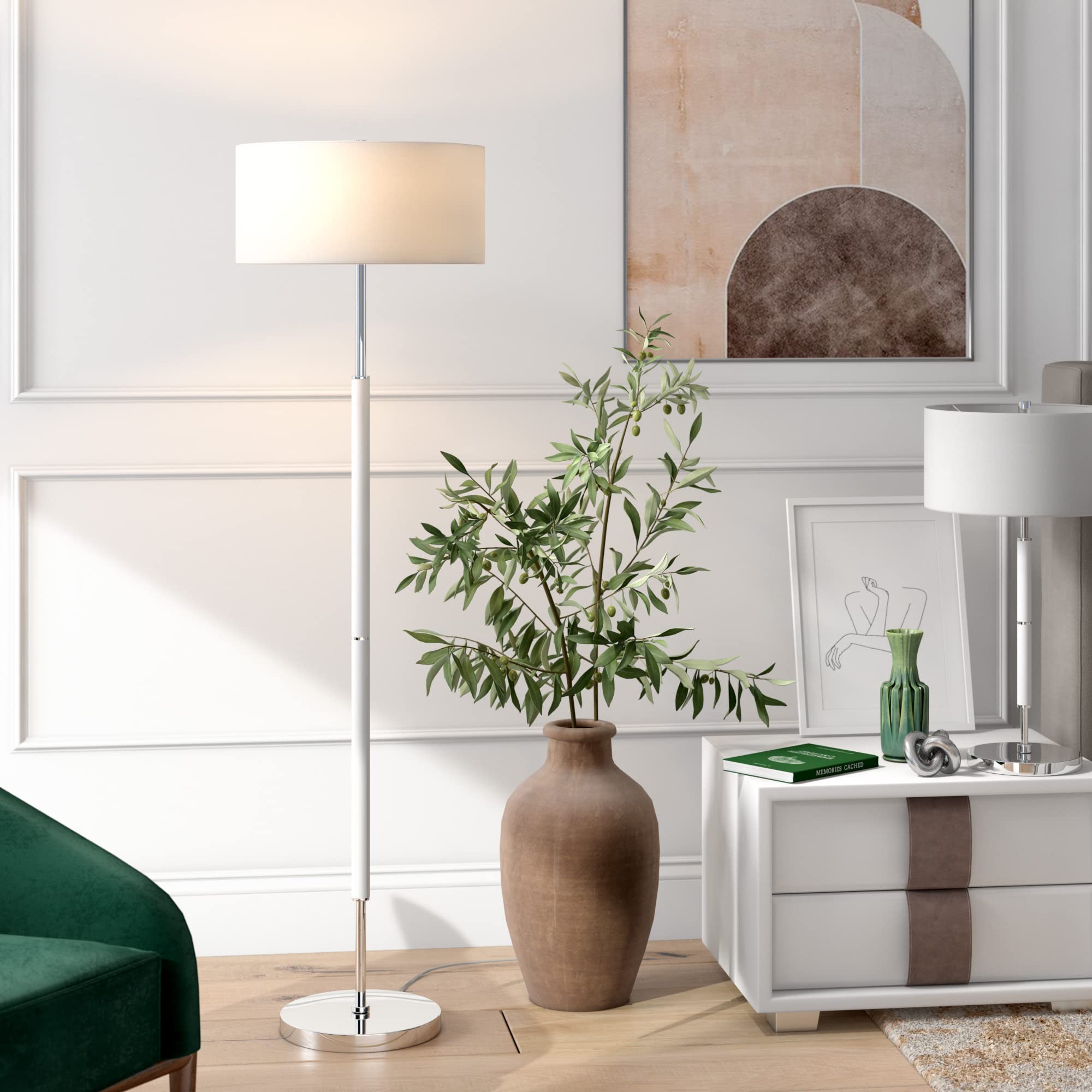 Henn&Hart 2-Light Modern Floor Lamp with Fabric Shade - Matte White/Polished Nickel Finish for Home Office, Bedroom & Living Room | Adjustable Reading Light & Ambient Lighting Solution