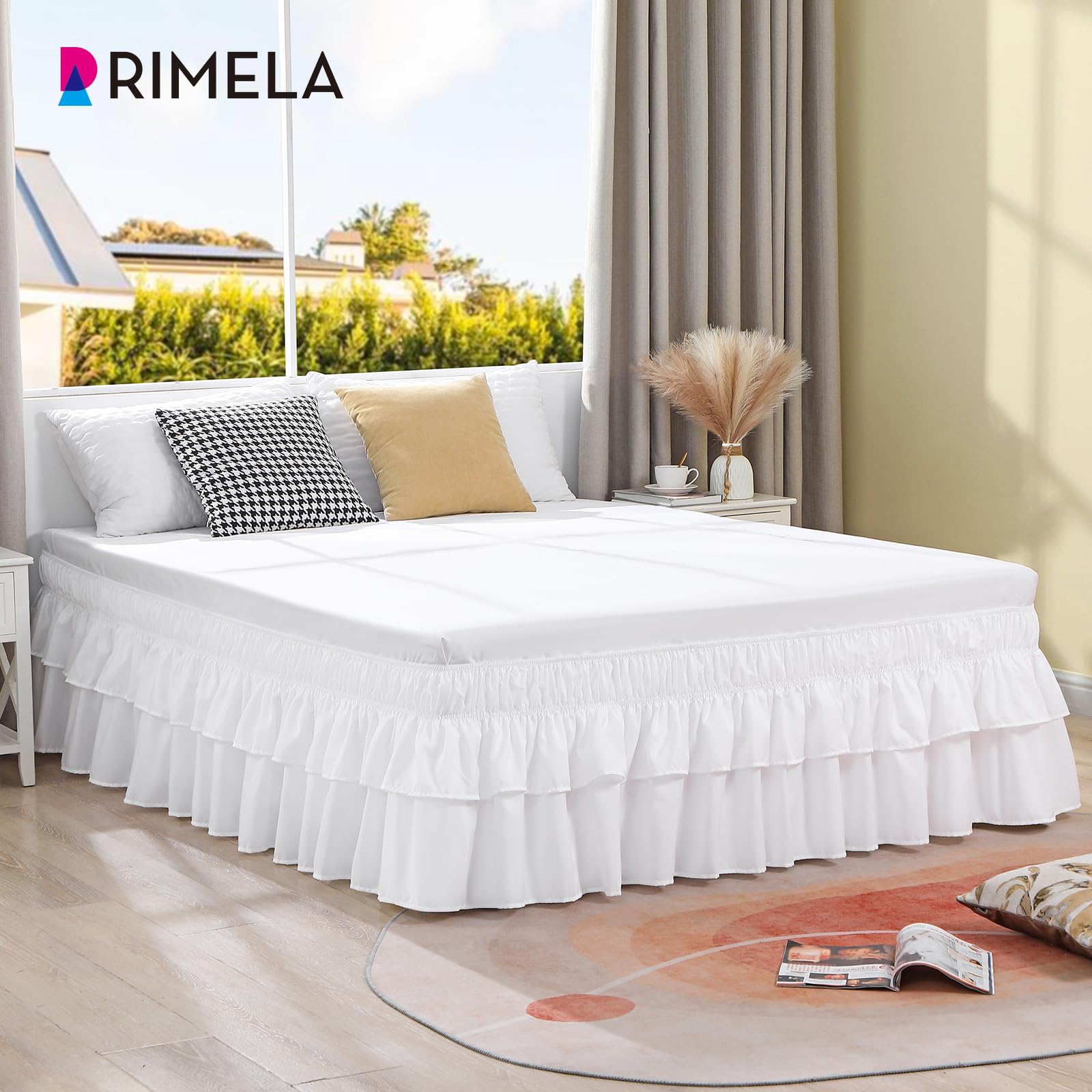 RIMELA 16 Inch Drop White Queen Ruffle Bed Skirt - Elastic Wrap Around Bed Skirting for Queen Size Beds, Easy to Install Dust Ruffle with Machine Washable Soft Fabric - Perfect for Master Bedrooms, Guest Rooms & Home Decor