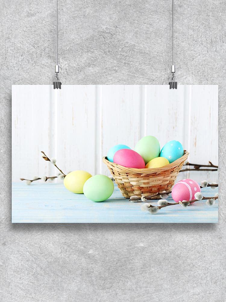 Pastel Easter Eggs on Table - Spring Home Decor Wall Art Poster for Easter Party, Living Room, Nursery & Office