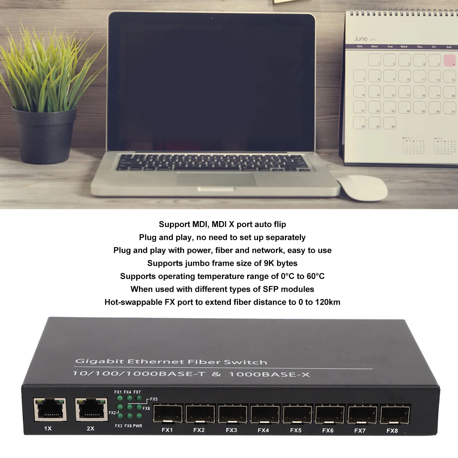8-Port Gigabit Ethernet Fiber Switch with 2 RJ45 Ports & SFP Slots - 120km Transmission, High-Speed Fiber Media Converter for Efficient Networking | Ideal for Data Centers, Office Networks & Long-Distance Connectivity