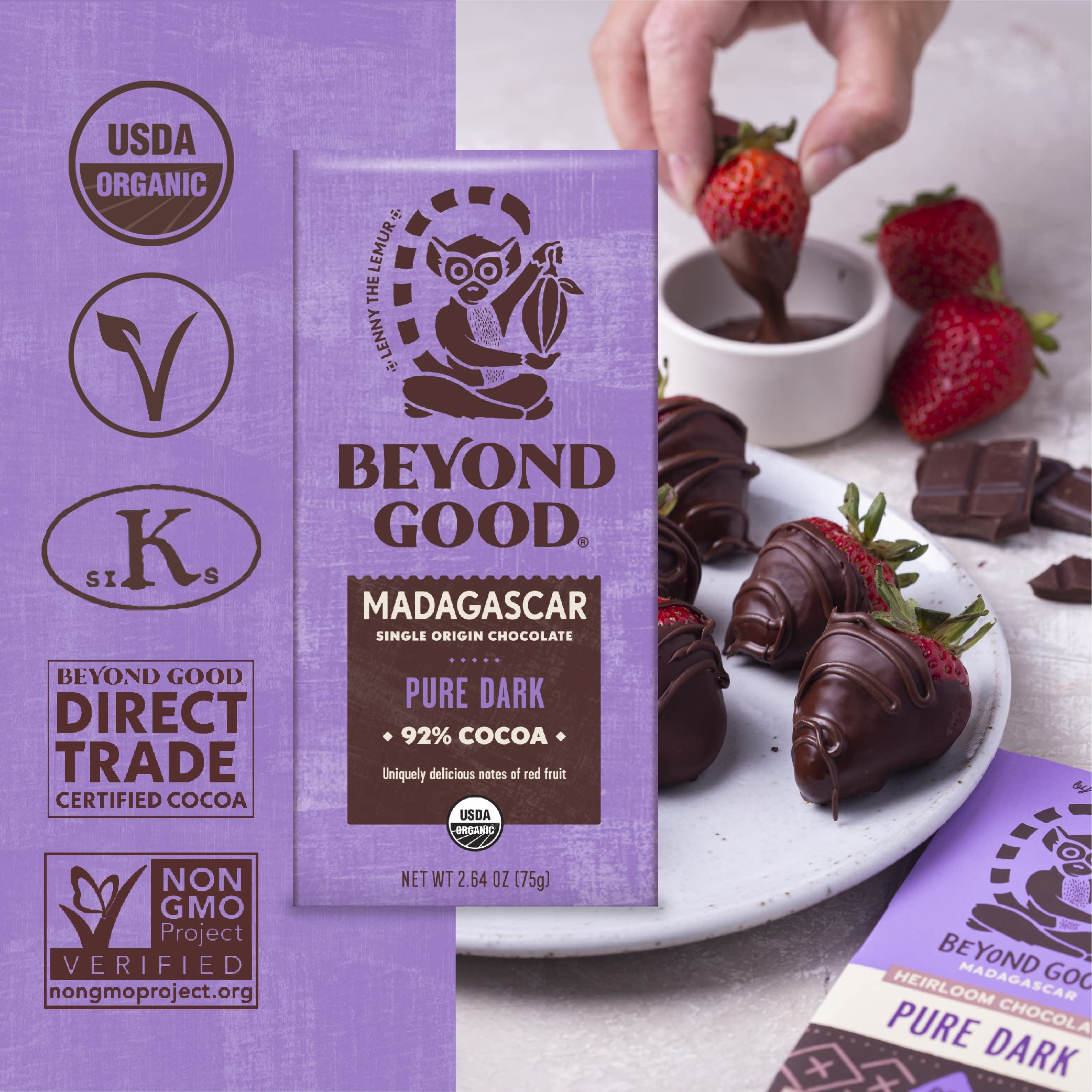 Beyond Good Organic Dark Chocolate Bars 6-Pack | 92% Single Origin Madagascar Heirloom Cacao | Vegan, Kosher, Non-GMO, Direct Trade | Perfect for Baking, Gifts & Healthy Snacking