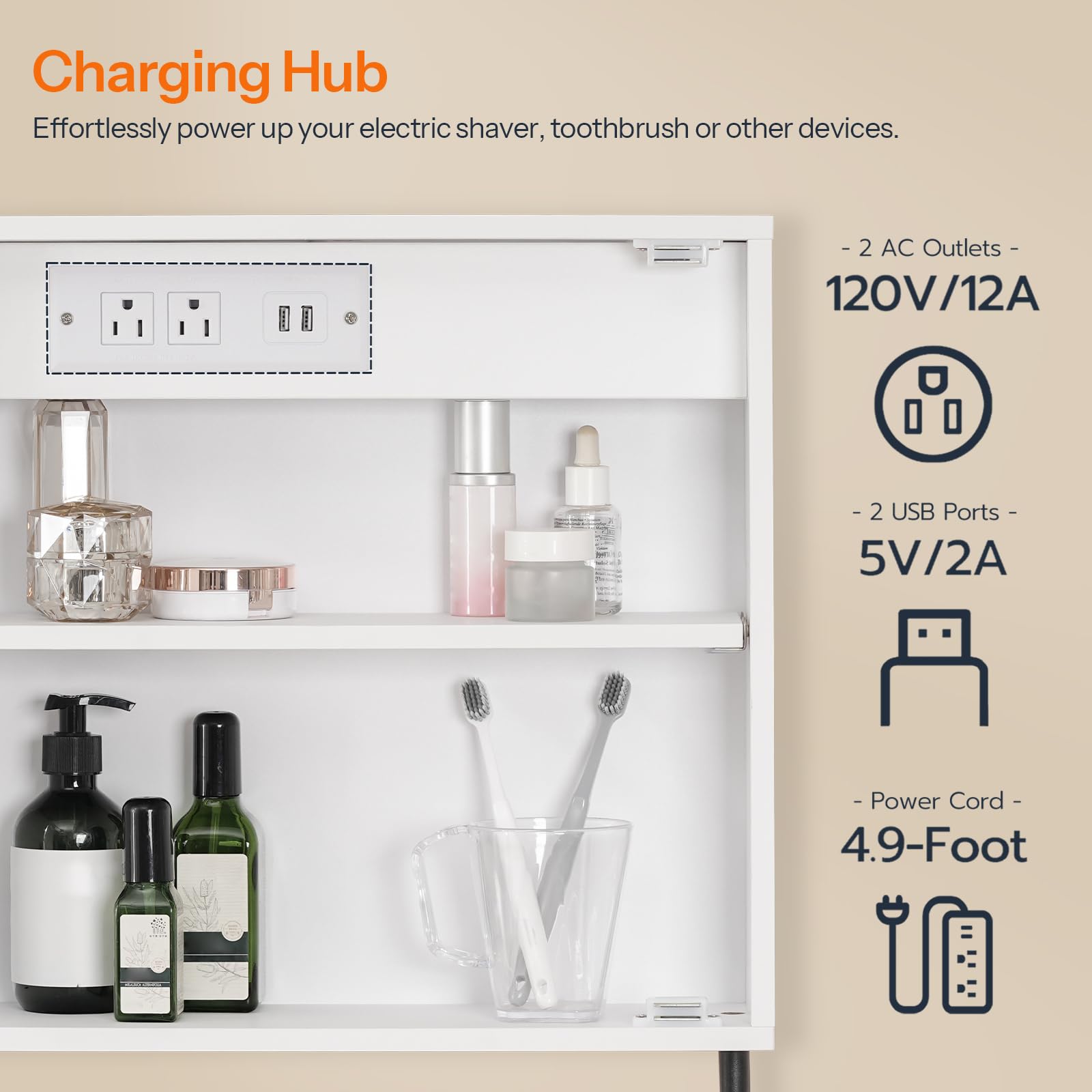HOOBRO White Wall-Mounted LED Lighted Medicine Cabinet with Mirror - Adjustable Shelf, Storage Space, 2 Power Outlets & USB Charging Station - Perfect for Bathroom, Bedroom or Vanity Organization