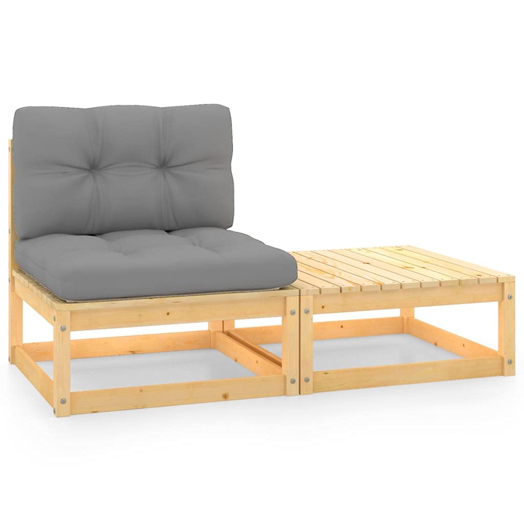 2-Piece Patio Sectional Furniture Set with Cushions - 1 Sofa & 1 Ottoman - Solid Pinewood Outdoor Lounge Set for Garden, Yard, Deck or Poolside Relaxation
