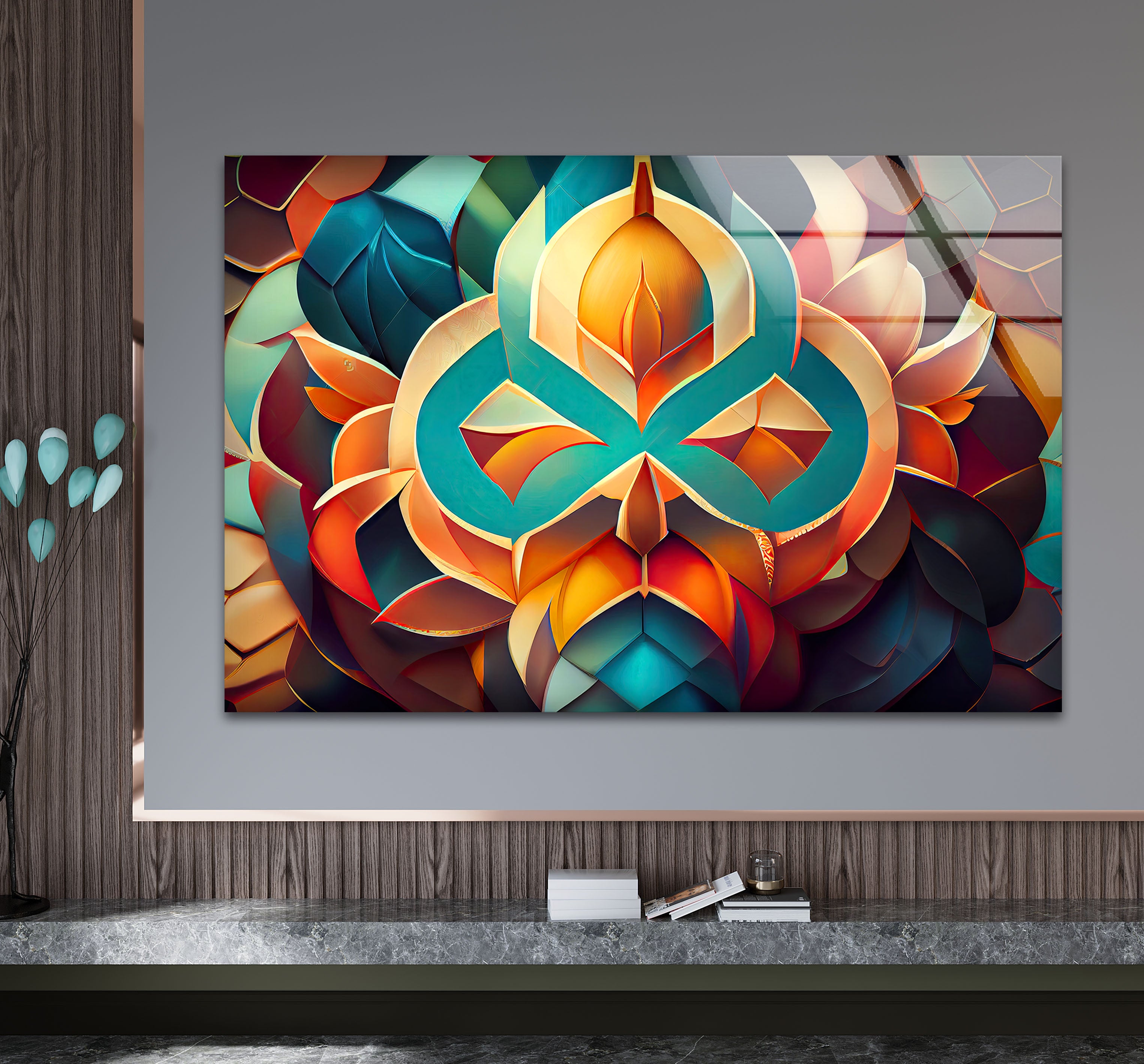 3D Geometric Mandala Glass Wall Art - Vibrant Abstract Lotus Design for Home & Office Decor | Modern Spiritual Meditation Room Decorations | Unique Gift Idea for Yoga Lovers & Art Collectors