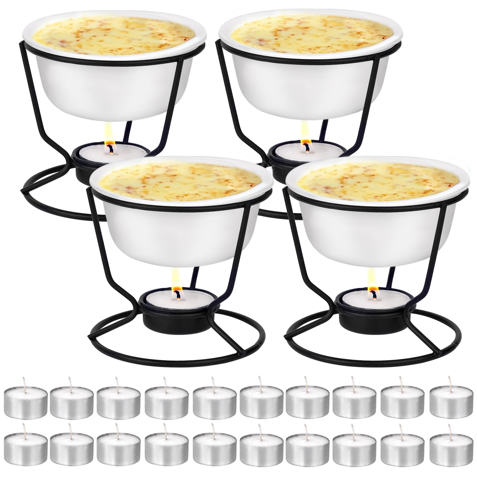 4-Piece Ceramic Butter Warmer Set for Seafood, Chocolate & Cheese - Includes Tealight Candles - Dishwasher Safe - Perfect for Fondue Parties, Lobster Dinners & Dessert Making