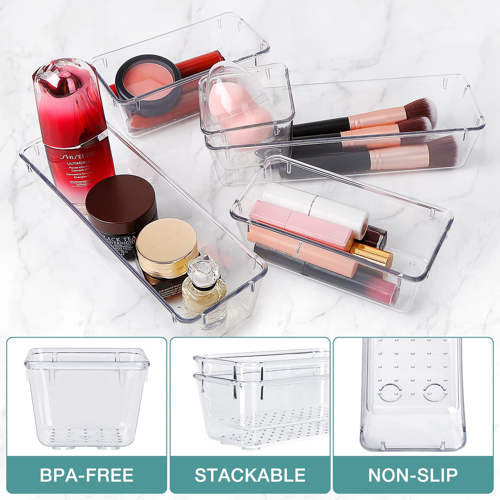 13-Piece Clear Drawer Organizer Set - 5 Sizes Bathroom & Kitchen Cabinet Storage Trays for Makeup, Jewelry, Utensils, Gadgets - Perfect for Home, Office, and Travel Organization
