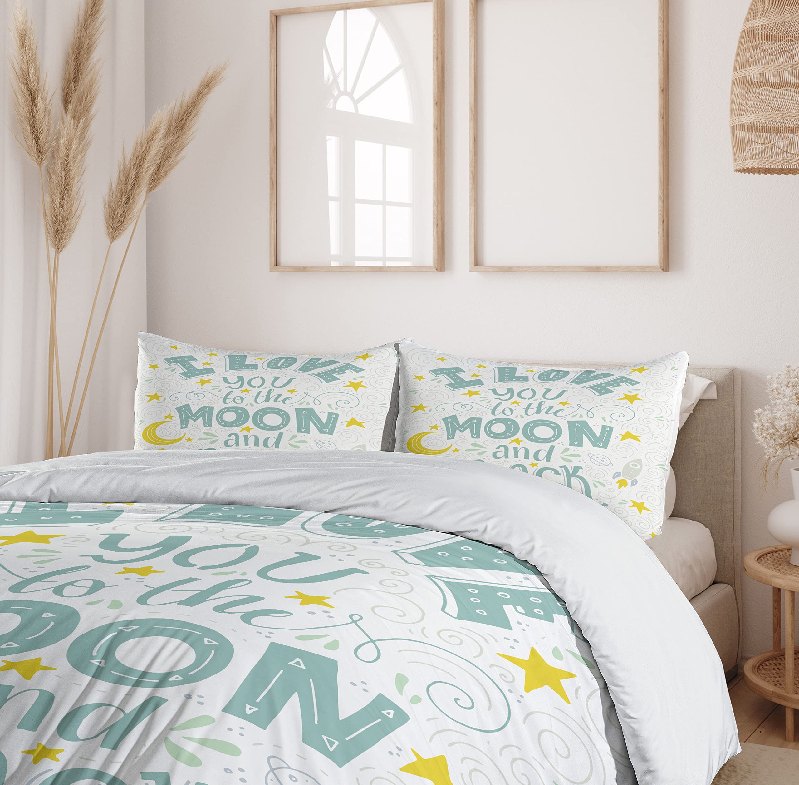 Ambesonne I Love You to The Moon and Back Duvet Cover Set - Crescent Moon, Stars & Galaxy Print 3-Piece Queen Bedding Set with 2 Pillow Shams in White Pale Seafoam | Space-Themed Bedroom Decor for Kids & Teens | Perfect for Nursery, Dorm Room or Gift