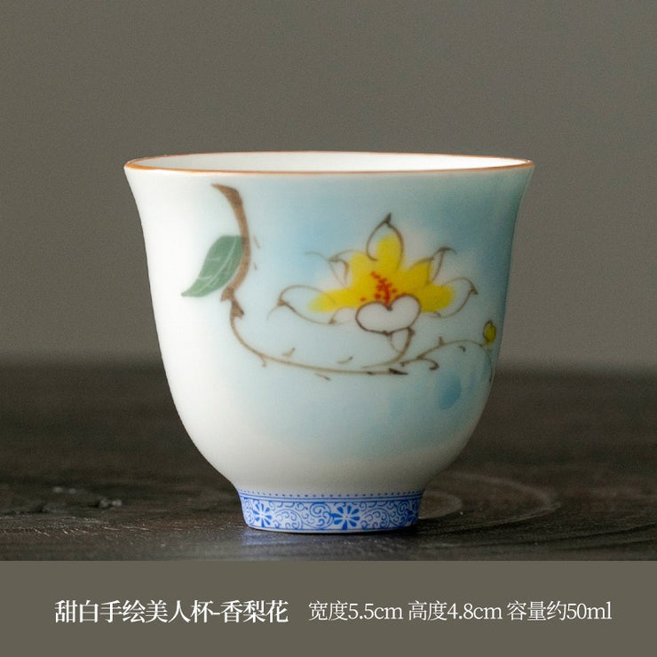 OVP White Porcelain Tasting Cups - Hand-Painted Flower Fairy Design, 50ml Dehua Ceramic Tea Cups | Perfect for Tea Ceremonies, Gift Giving & Home Decor