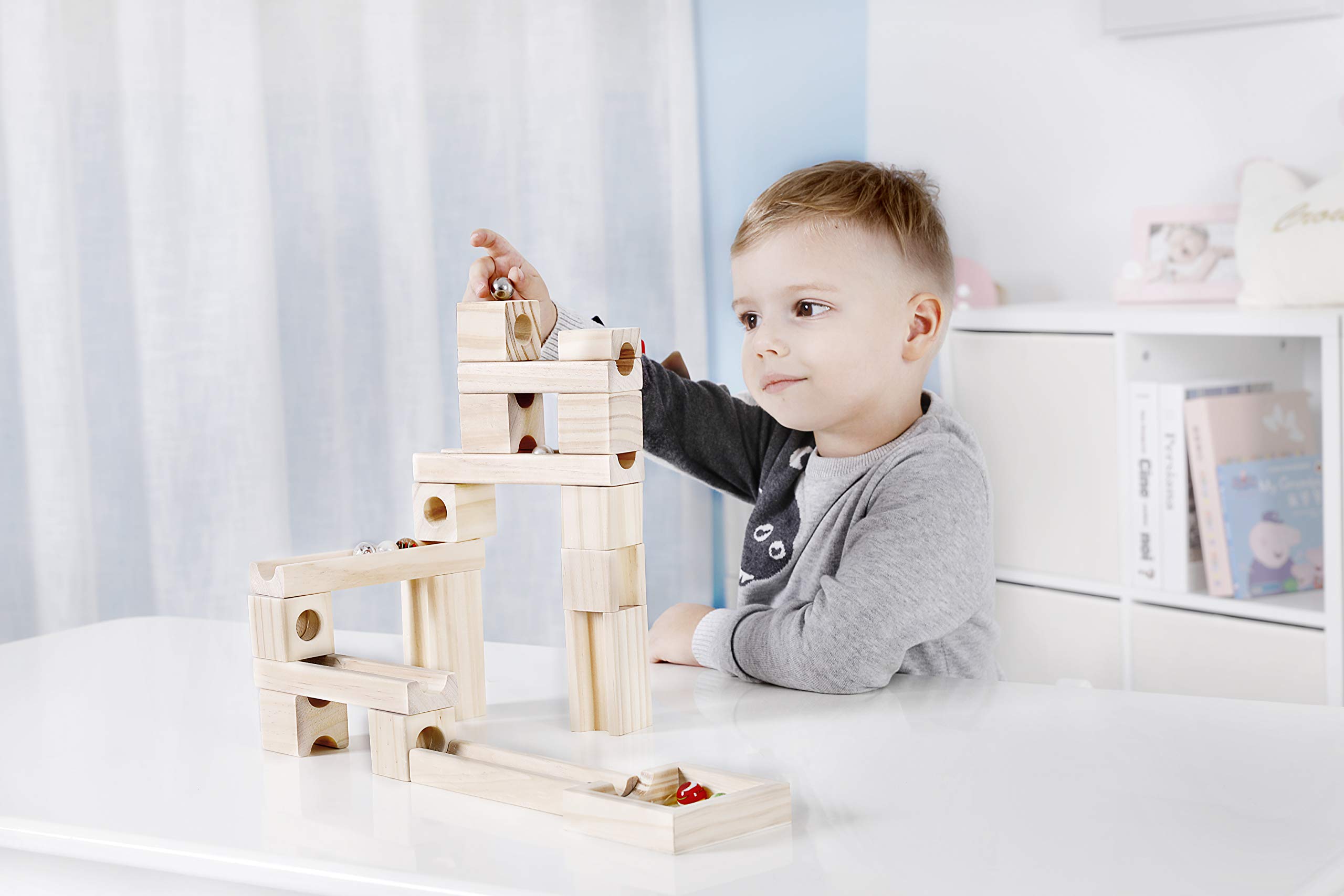 60-Piece Wooden Marble Run Toy Set - Classic Wooden Ramps & Tracks for Kids & Toddlers | STEM Educational Building Blocks for Creative Play & Developmental Skills