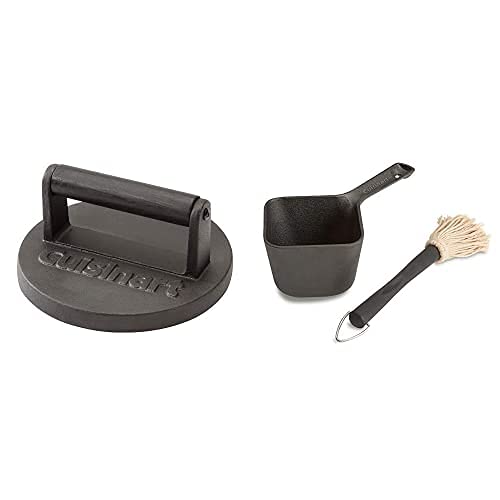 Premium Cuisinart Cast Iron Smashed Burger Press & Grilling Basting Pot Set - Heavy Duty Grill Accessories for Perfect Burgers & BBQ - Ideal for Backyard Cookouts, Tailgating & Outdoor Grilling