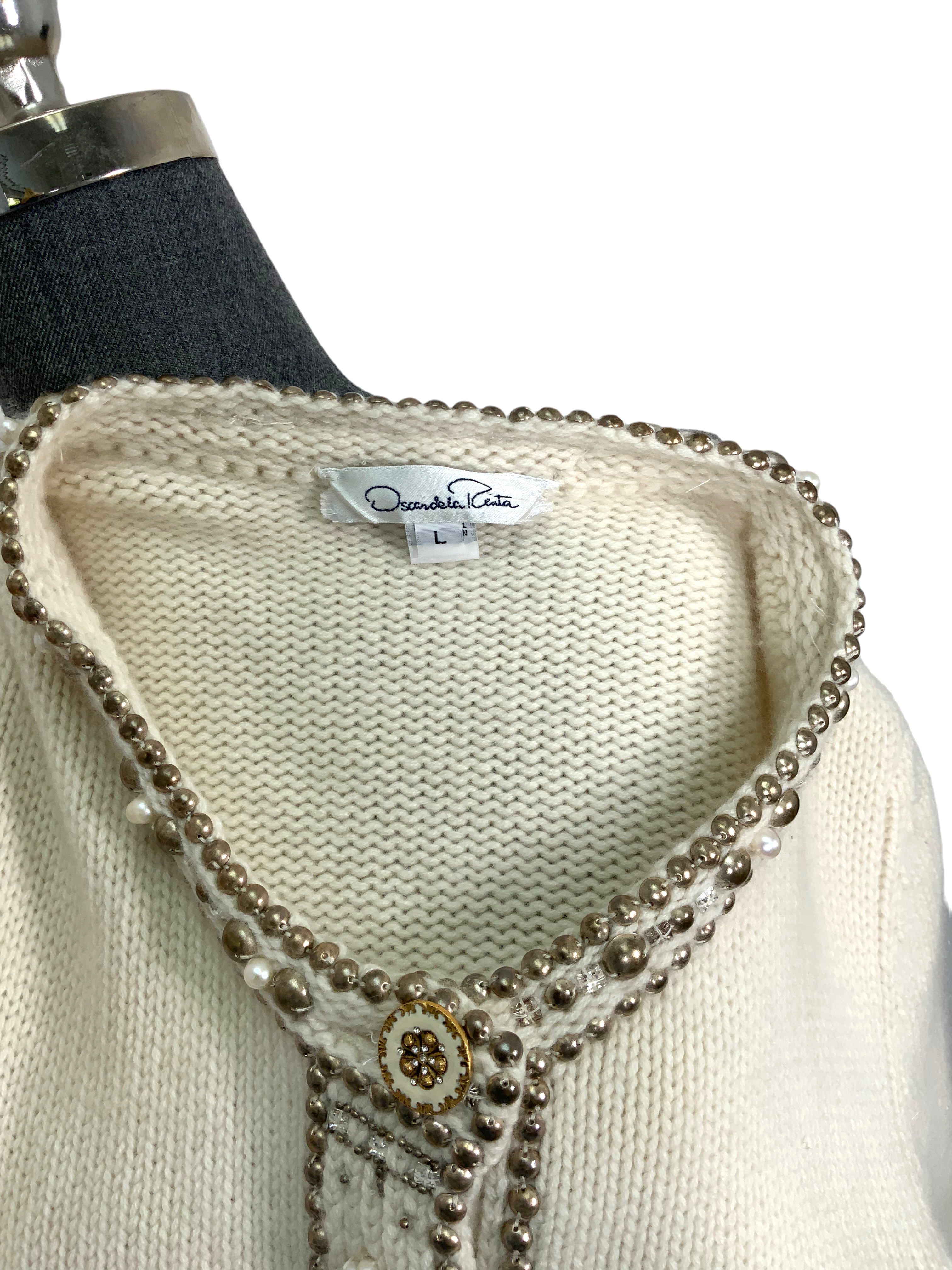 Oscar de la Renta Embellished Cashmere Sweater Women's Size Large - Luxurious Winter Knitwear for Parties & Holiday Gatherings