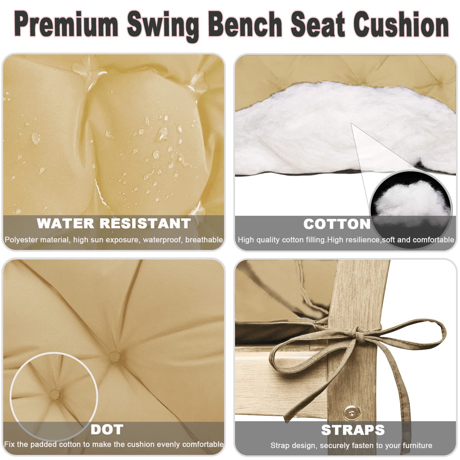Waterproof Outdoor Swing Replacement Cushions with Backrest - 40x40 Inch Light Yellow Patio Sofa Pads for 2-3 Seater Bench, Perfect for Garden, Porch & Backyard Relaxation