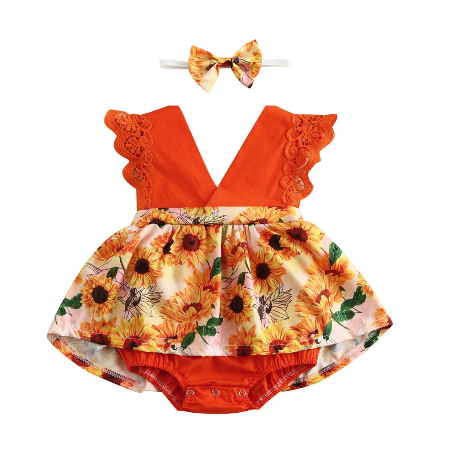 **Baby Girl Lace Romper - Floral Jumpsuit with Sunflower Skirt & Headband | Summer Outfit for Infants | Perfect for Photos, Parties & Outdoor Play**