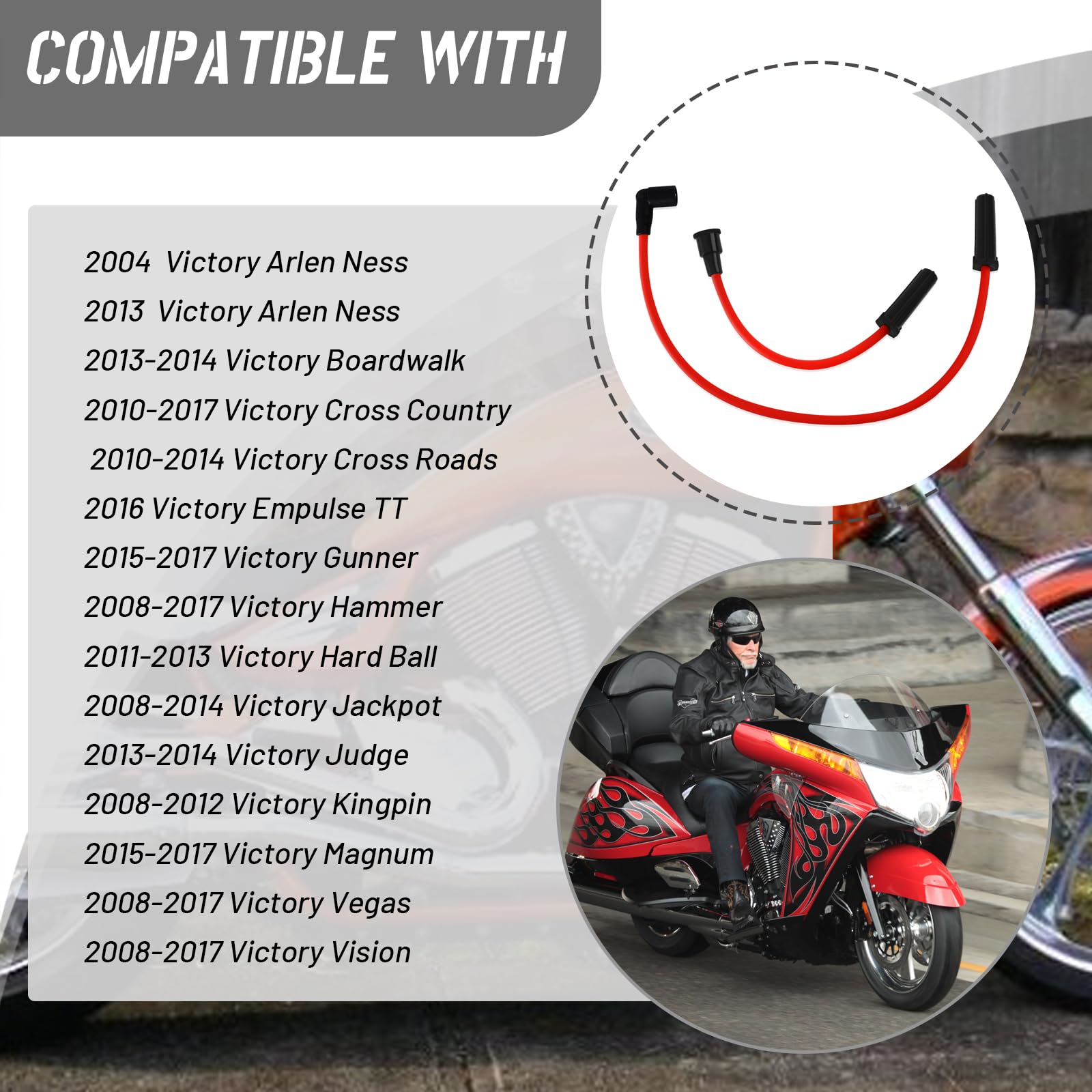 8mm Red High-Performance Spark Plug Wires for 2008+ Victory Motorcycles - Compatible with Kingpin, Hammer & Vegas Models - Enhance Engine Power & Fuel Efficiency - Ideal for Racing, Custom Builds & Daily Riding
