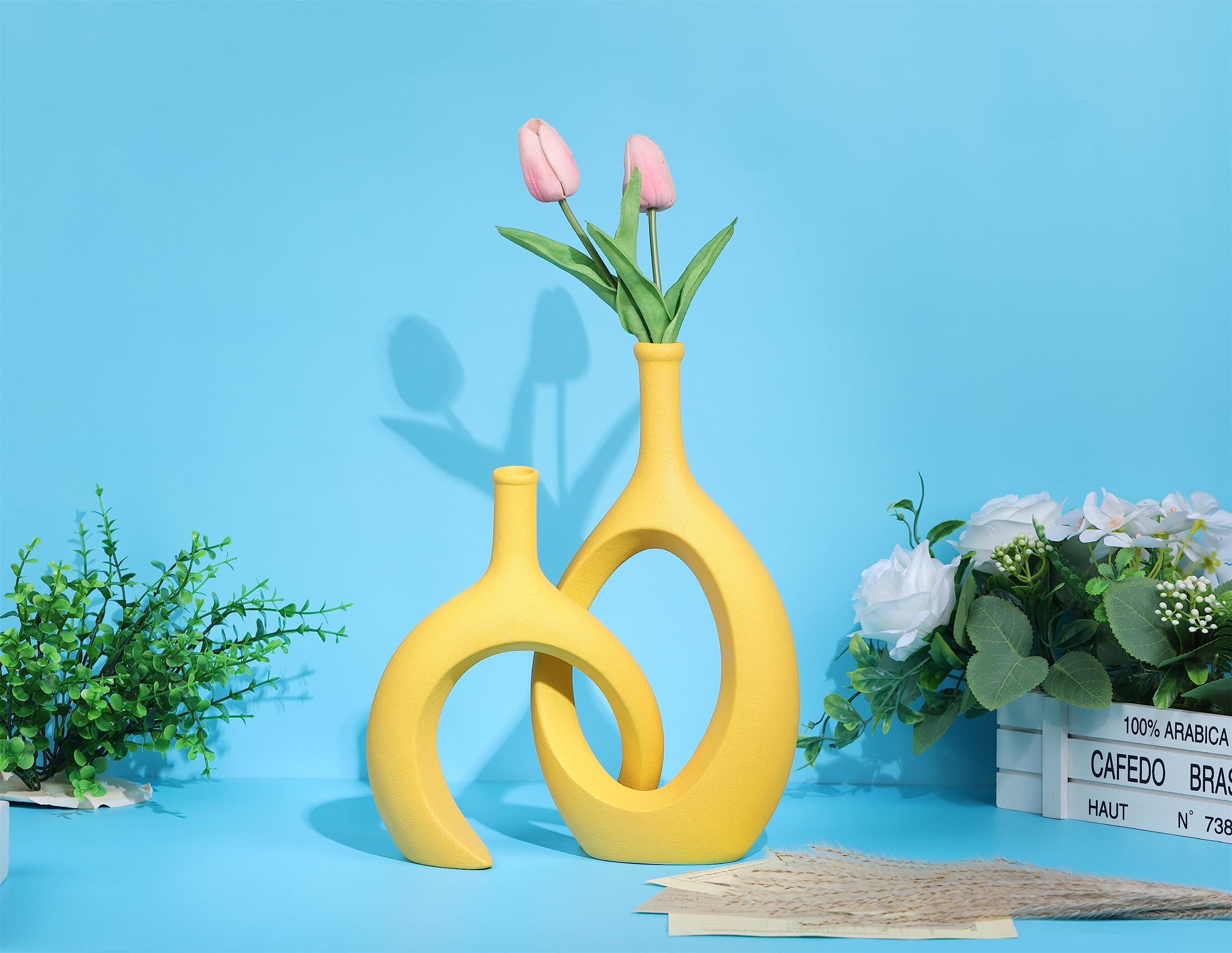 Mustard Yellow Ceramic Vase - Round Hollow Boho Home Decor for Pampas Grass & Flowers | Small Centerpiece Vase for Living Room, Bedroom, Coffee Table | Perfect for Boho Chic, Farmhouse & Modern Interior Design