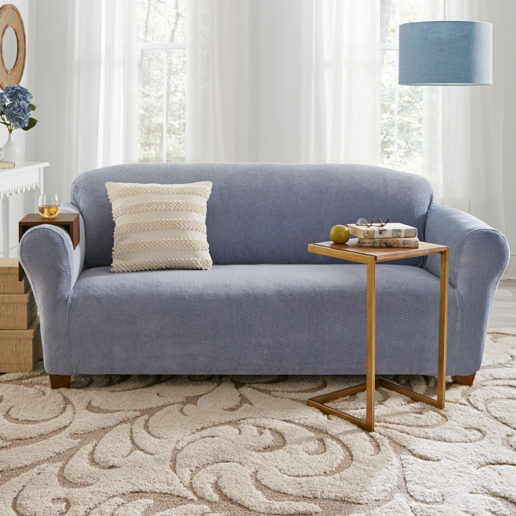 BrylaneHome BH Studio Brighton Stretch Sofa Slipcover - Navy Blue Sofa Cover | Fits Most 2-3 Cushion Couches | Easy Washable Fabric Protector for Pets & Kids | Perfect for Living Room, Family Room & Home Decor