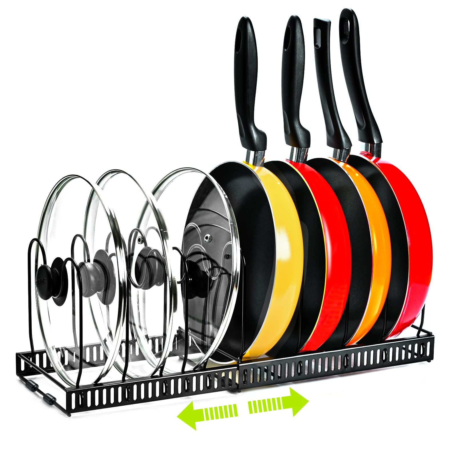 Levanco 10+ Expandable Pan Organizer Rack - Adjustable Pot & Lid Organizer with 10 Compartments for Kitchen Cabinet Storage | Perfect for Pantry, Spice Rack & Cookware Organization