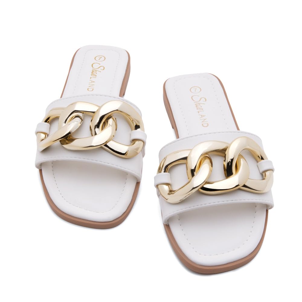 EMMA Women's Flat Sandals - Square Open Toe Slip-On Slides with Metal Chain & Cushioned Footbed | Comfortable Summer Sandals for Beach, Vacation, and Everyday Wear