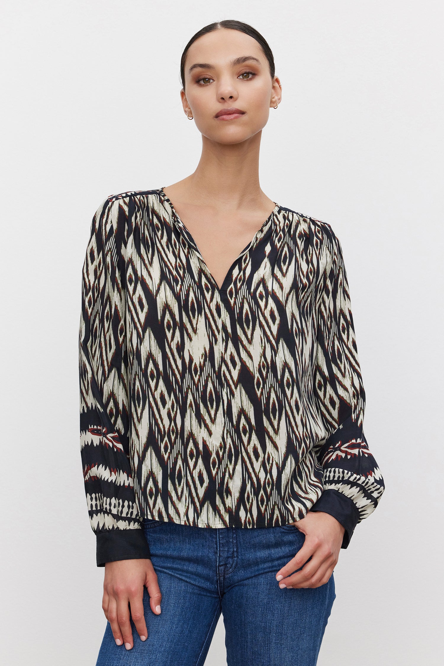 ABRIELLE IKAT Viscose Long Sleeve Blouse - Women's Flowy Boho Chic Shirt for Casual Wear & Office Outfits