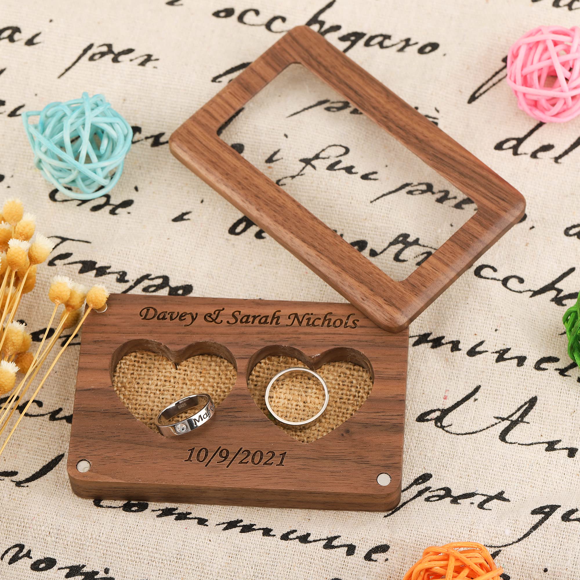 Personalized Double Heart Wooden Ring Box - Custom Engraved Engagement & Wedding Ring Holder - Rustic Proposal Ring Bearer Box for Couples - Perfect for Romantic Proposals, Anniversaries & Gift Giving
