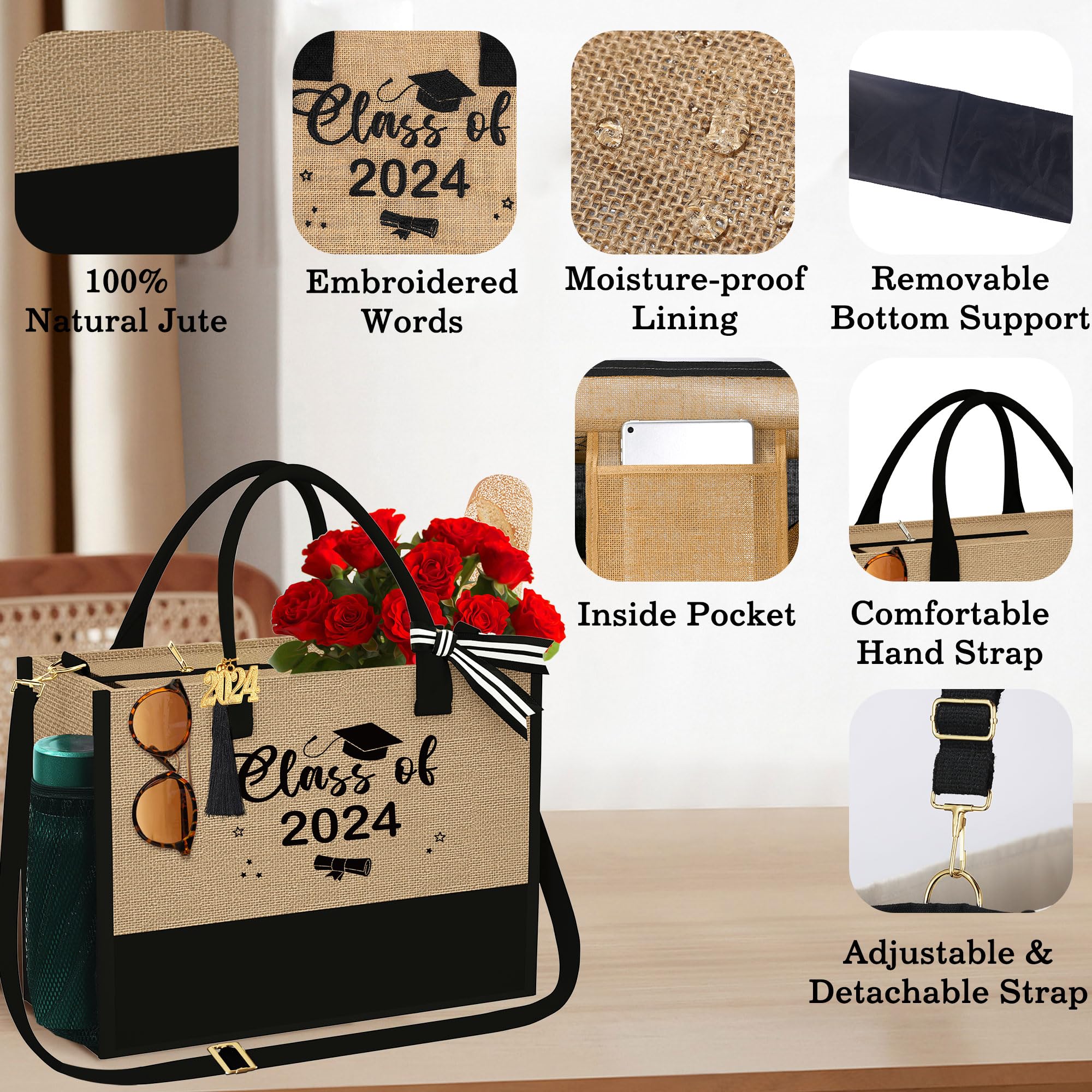 YOOLIFE Personalized Monogram Jute Tote Bag for Women - Zippered Pockets & Adjustable Shoulder Strap - Unique Birthday Gift Ideas for Her - Perfect for Work, Shopping & Beach Outings