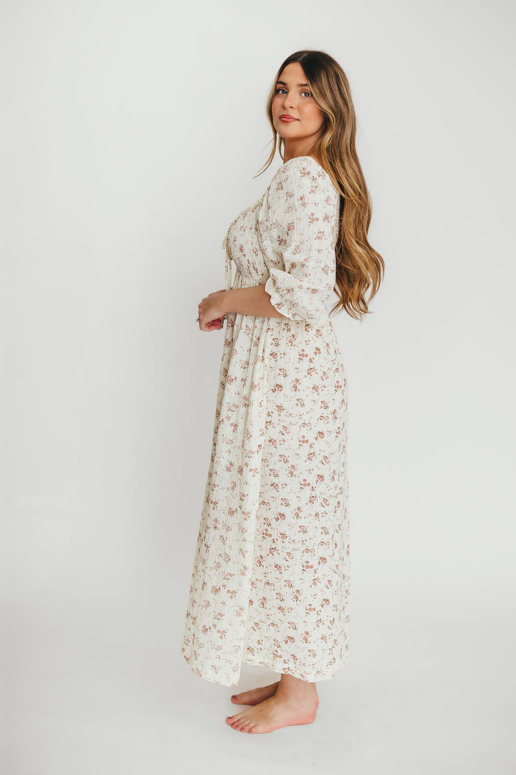 100% Cotton Smocked Maxi Dress - Ivory/Mauve Floral Print | Bump Friendly Maternity Dress | Perfect for Summer Vacations, Beach Getaways & Baby Showers