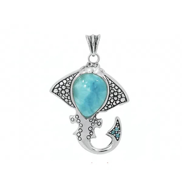 Natural Caribbean Larimar Stone Tropical Manta Ray Pendant Necklace - Handmade Blue Gemstone Jewelry for Beach Lovers & Ocean-Themed Gifts