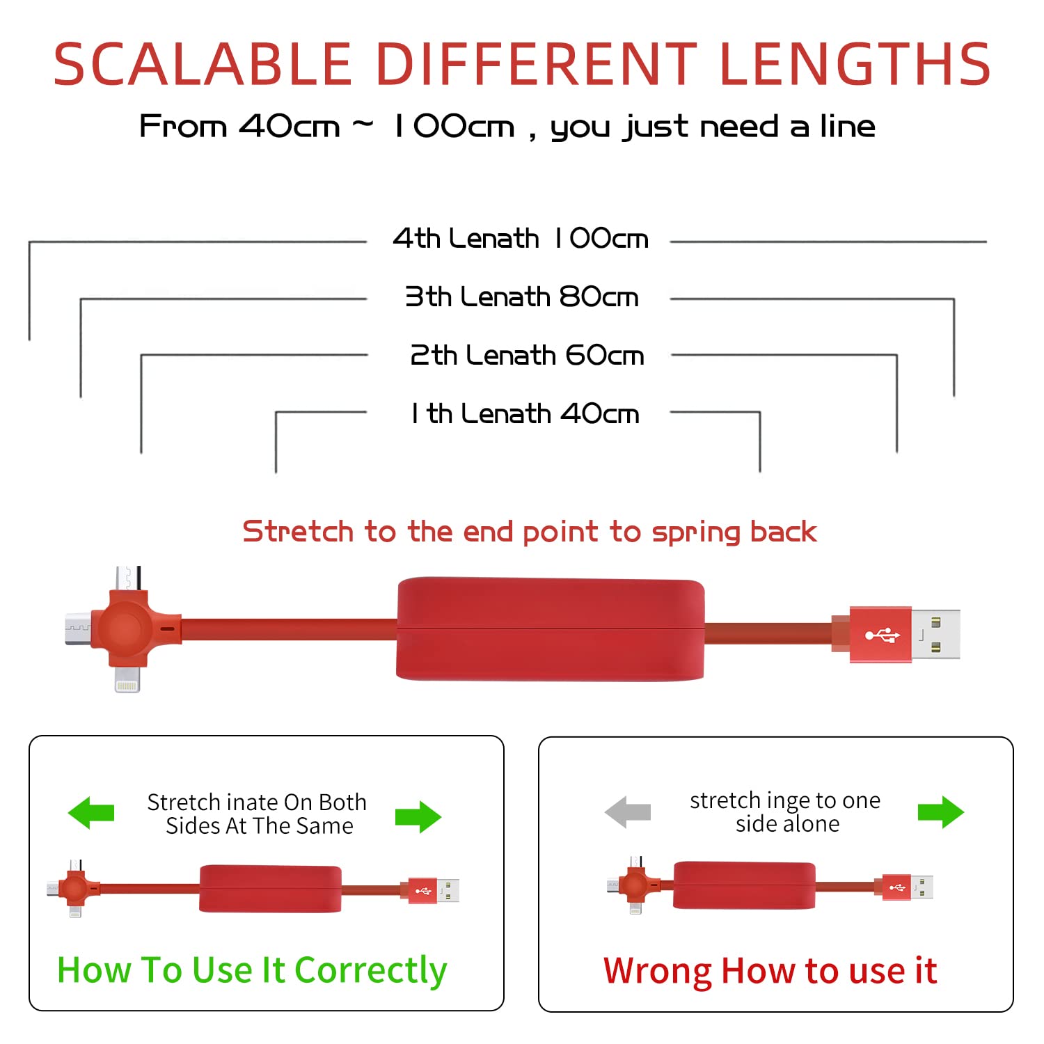 TEXXY 3-in-1 Retractable Charging Cable - Multi Charger for iPhone, Android, Laptop & Tablet - Portable Phone Holder & USB-C/Micro-USB/Lightning Cable - Perfect for Travel, Office & Home Use (Red)
