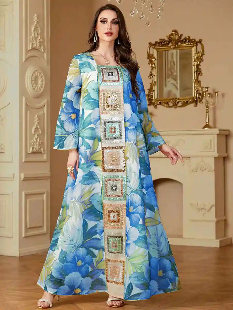 Elegant Eid Sequins Printed Caftan Kaftan Dress for Women - Party Wear, Evening Gown, Special Occasion Outfit #254185