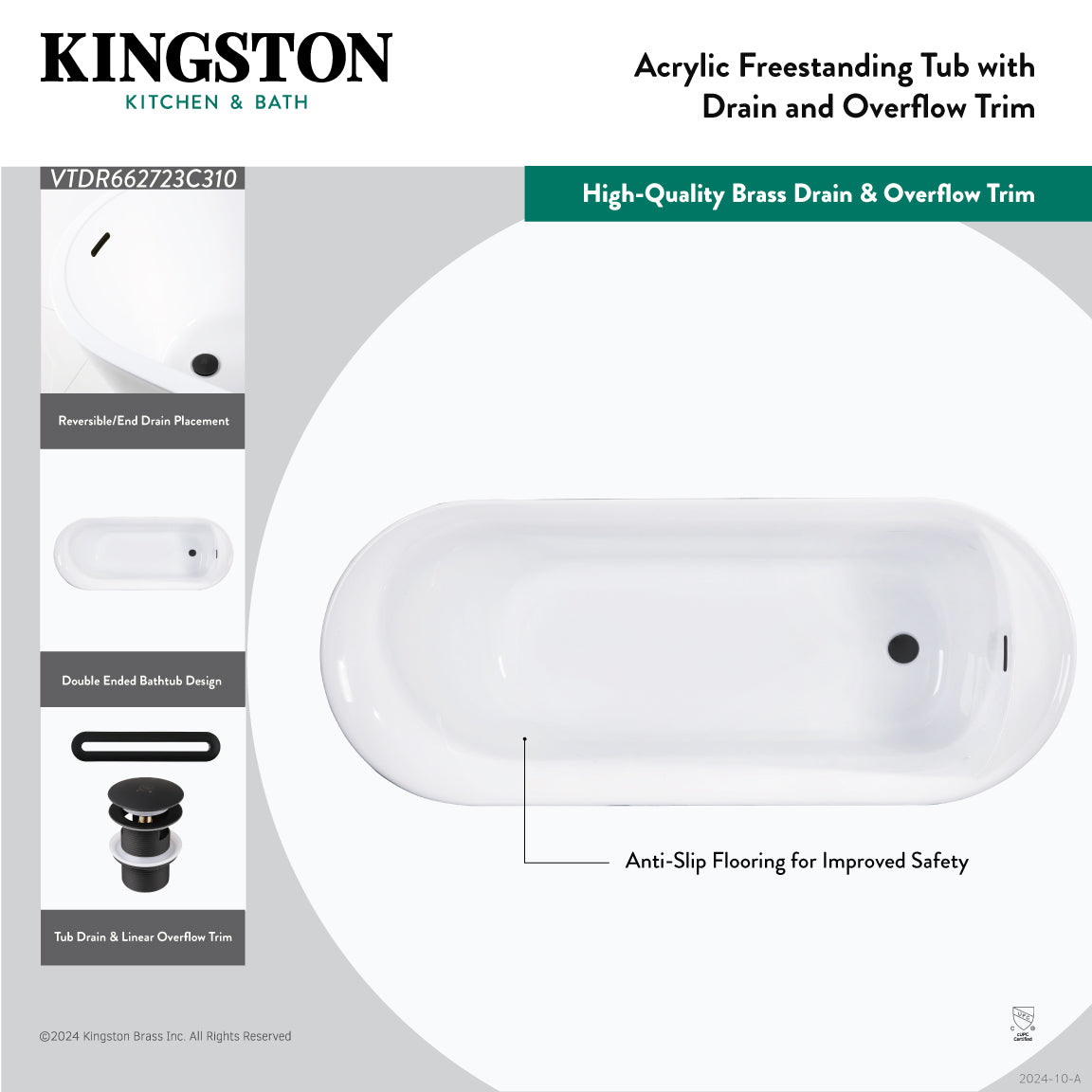 Aqua Eden 66 Inch Acrylic Oval Freestanding Bathtub - Double Ended Soaking Tub with Anti-Slip Surface & Drain - Glossy White/Matte Black - Perfect for Luxury Bathrooms & Spa Retreats