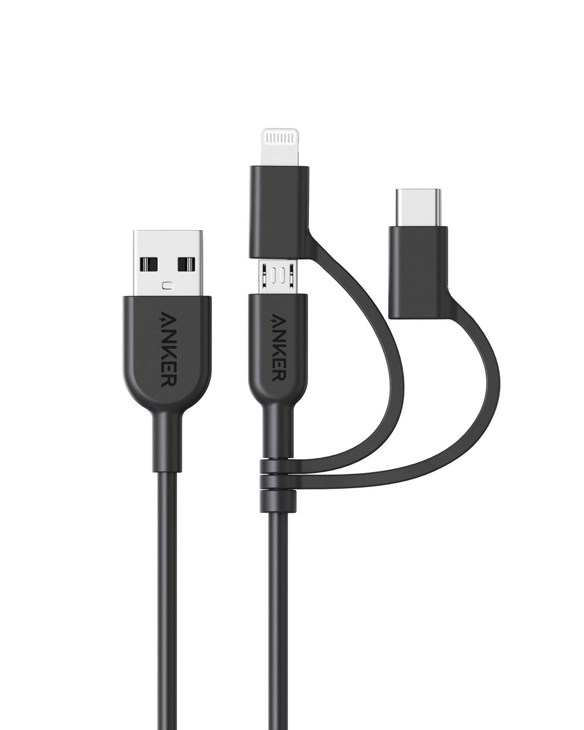 Anker Powerline II 3-in-1 Charging Cable - Lightning, USB-C & Micro USB Compatible with iPhone, iPad, Samsung Galaxy, Huawei, LG, Sony Xperia & Android Devices (3ft, Black) - Perfect for Home, Office & Travel Charging