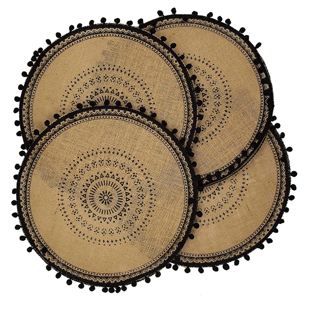 Boho Woven Jute Round Placemats Set of 4 with Pompom Tassel - Natural Fiber Table Mats for Dining Room, Kitchen Decor - Black - Perfect for Farmhouse, Rustic & Coastal Home Decor