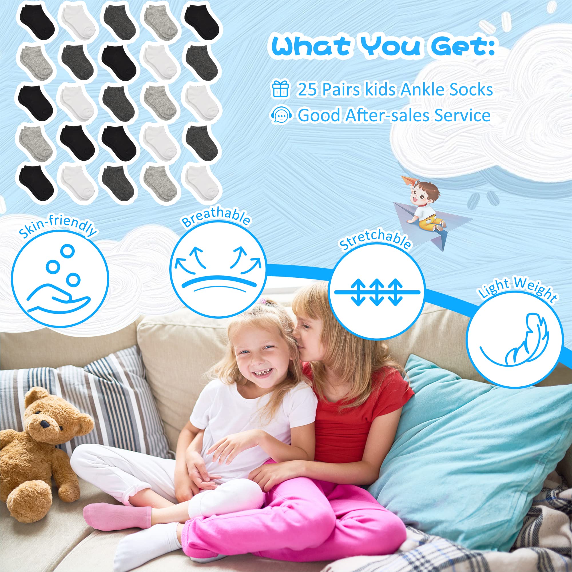 25 Pairs Toddler Socks for Boys & Girls (0-14 Years) - Soft Low Cut Ankle Socks for Kids - Breathable Cotton Children's Socks Set - Perfect for School, Play & Everyday Wear