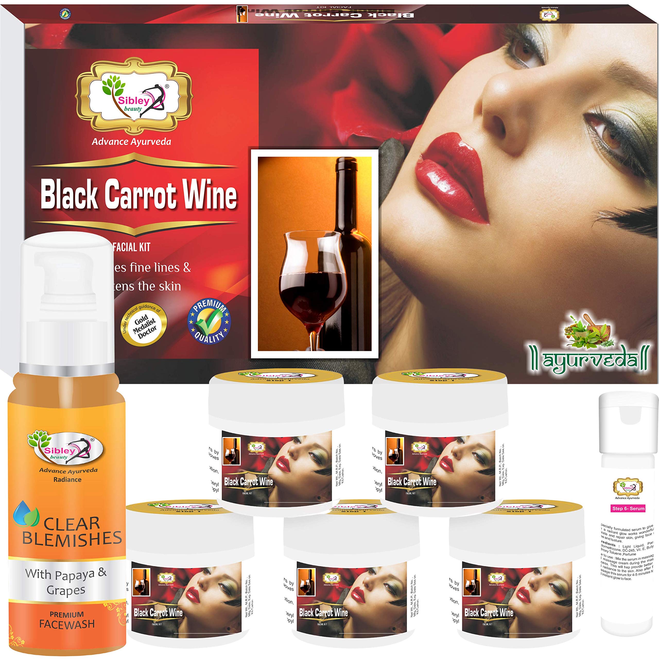 Sibley Beauty Facial Kit - Wine Facial Kit (155g + 10ml Serum) 6-Pack + Papaya Anti-Blemish Face Wash (100ml) for All Skin Types - Men & Women - Daily Skincare Routine for Glowing Skin